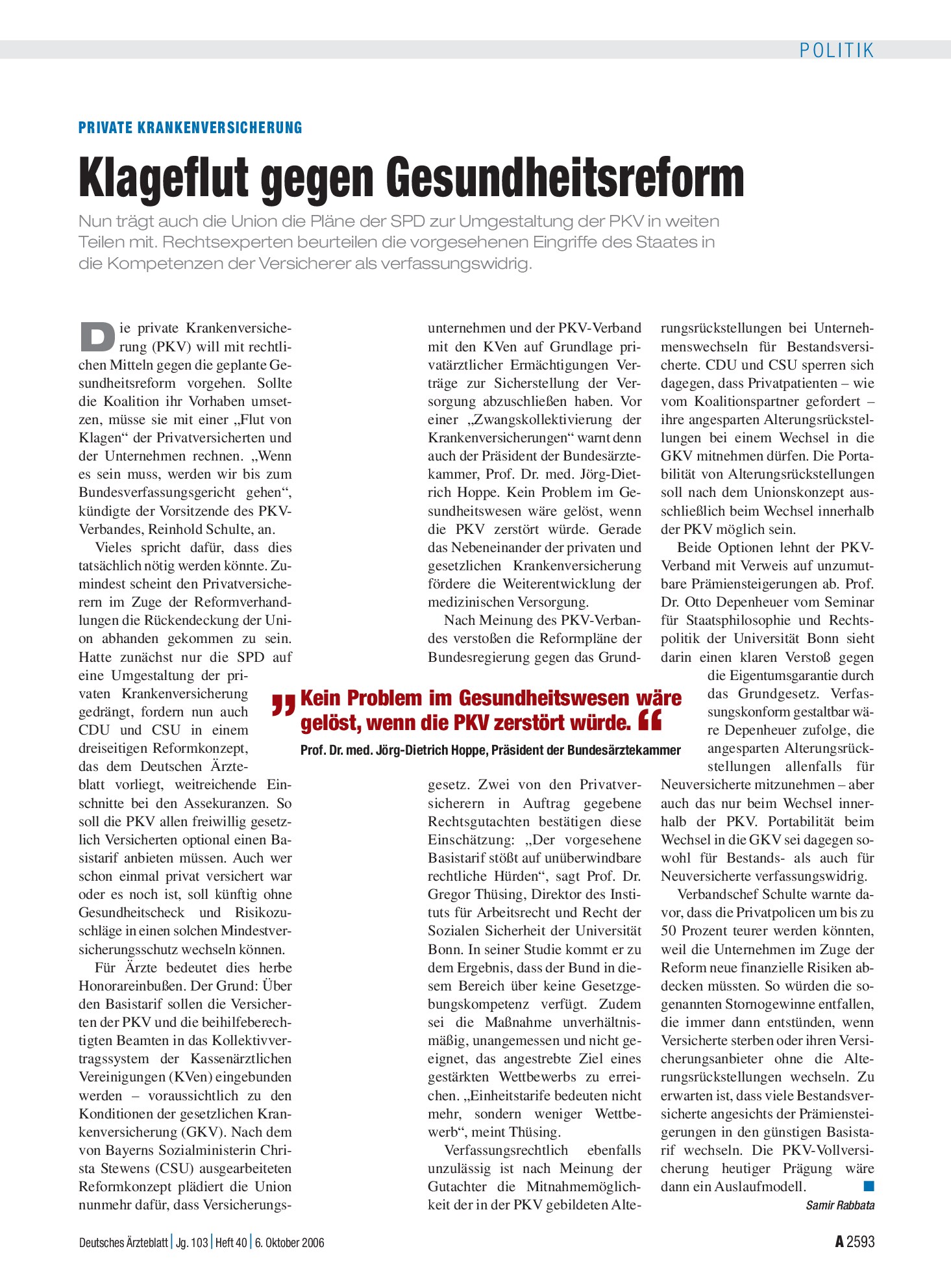 Vorschauseite 1: Private Krankenversicherung: Klageflut gegen Gesundheitsreform – Deutsches Ärzteblatt