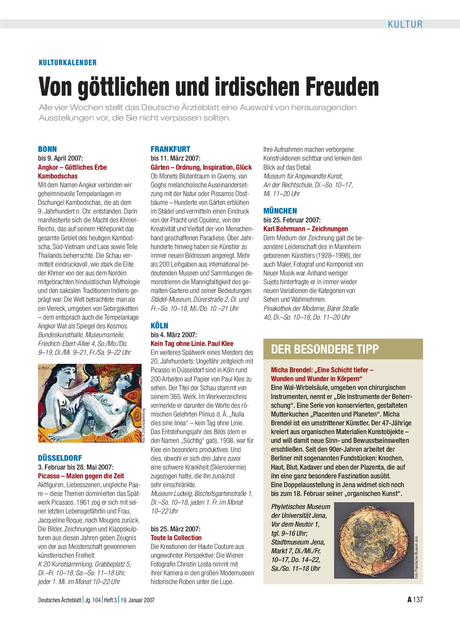 Vorschauseite 1: Kulturkalender: Von göttlichen und irdischen Freuden – Deutsches Ärzteblatt