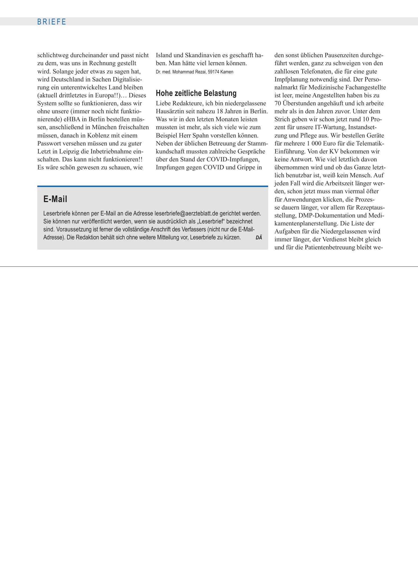 Vorschauseite 1: Digitalisierung: Hohe zeitliche Belastung – Deutsches Ärzteblatt