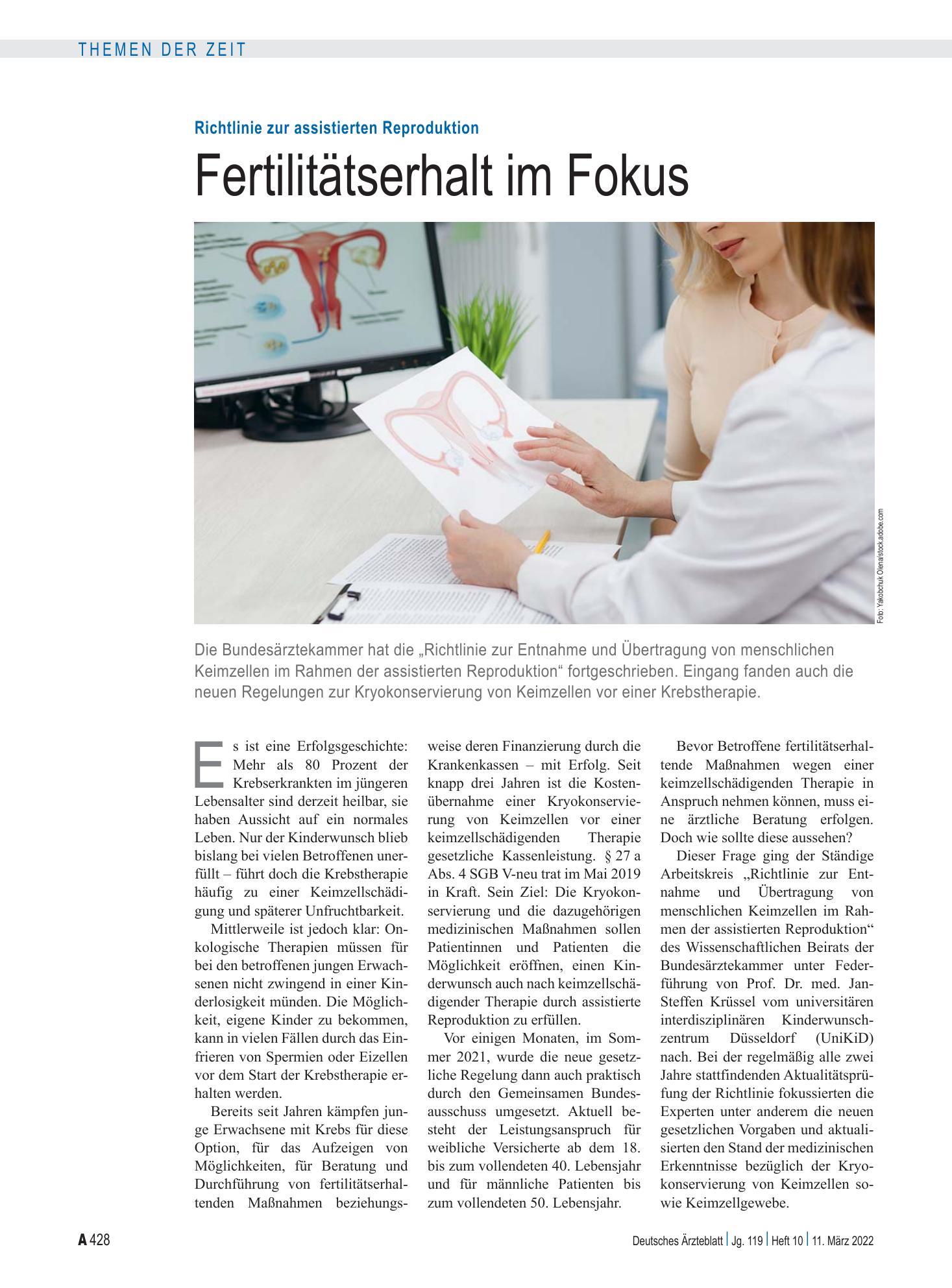 Vorschauseite 1: Richtlinie zur assistierten Reproduktion: Fertilitätserhalt im Fokus – Deutsches Ärzteblatt