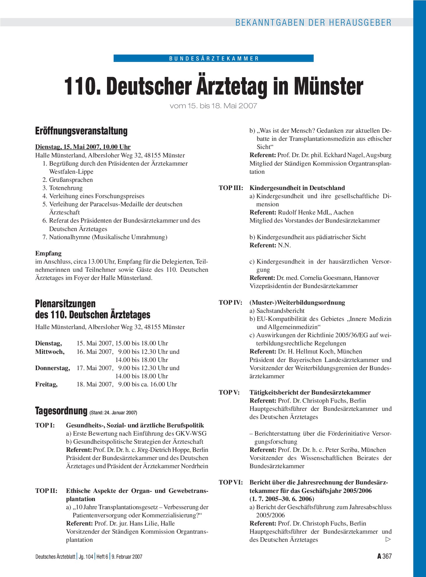 Vorschauseite 1: 110. Deutscher Ärztetag in Münster vom 15. bis 18. Mai 2007 – Deutsches Ärzteblatt