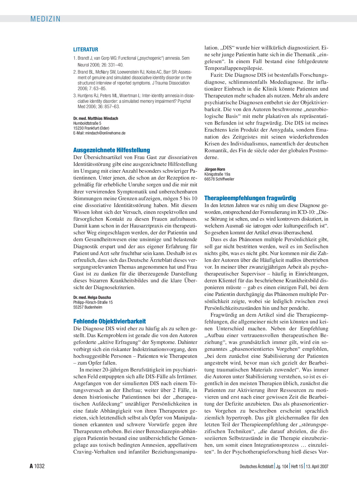 Vorschauseite 1: Die dissoziative Identitätsstörung – häufig fehldiagnostiziert: Fehlende Objektivierbarkeit – Deutsches Ärzteblatt