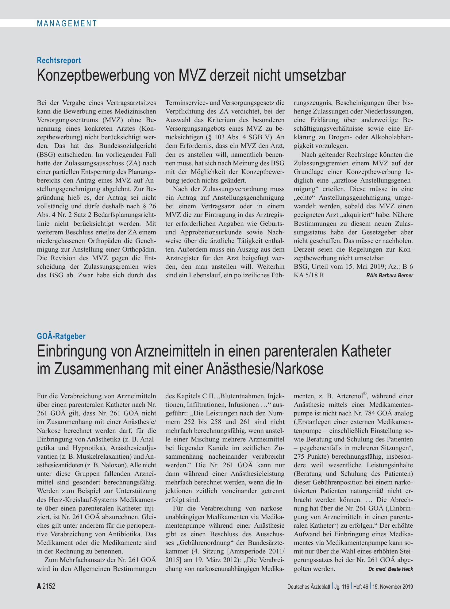 Vorschauseite 1: GOÄ-Ratgeber: Einbringung von Arzneimitteln in einen parenteralen Katheter im Zusammenhang mit einer Anästhesie/Narkose – Deutsches Ärzteblatt