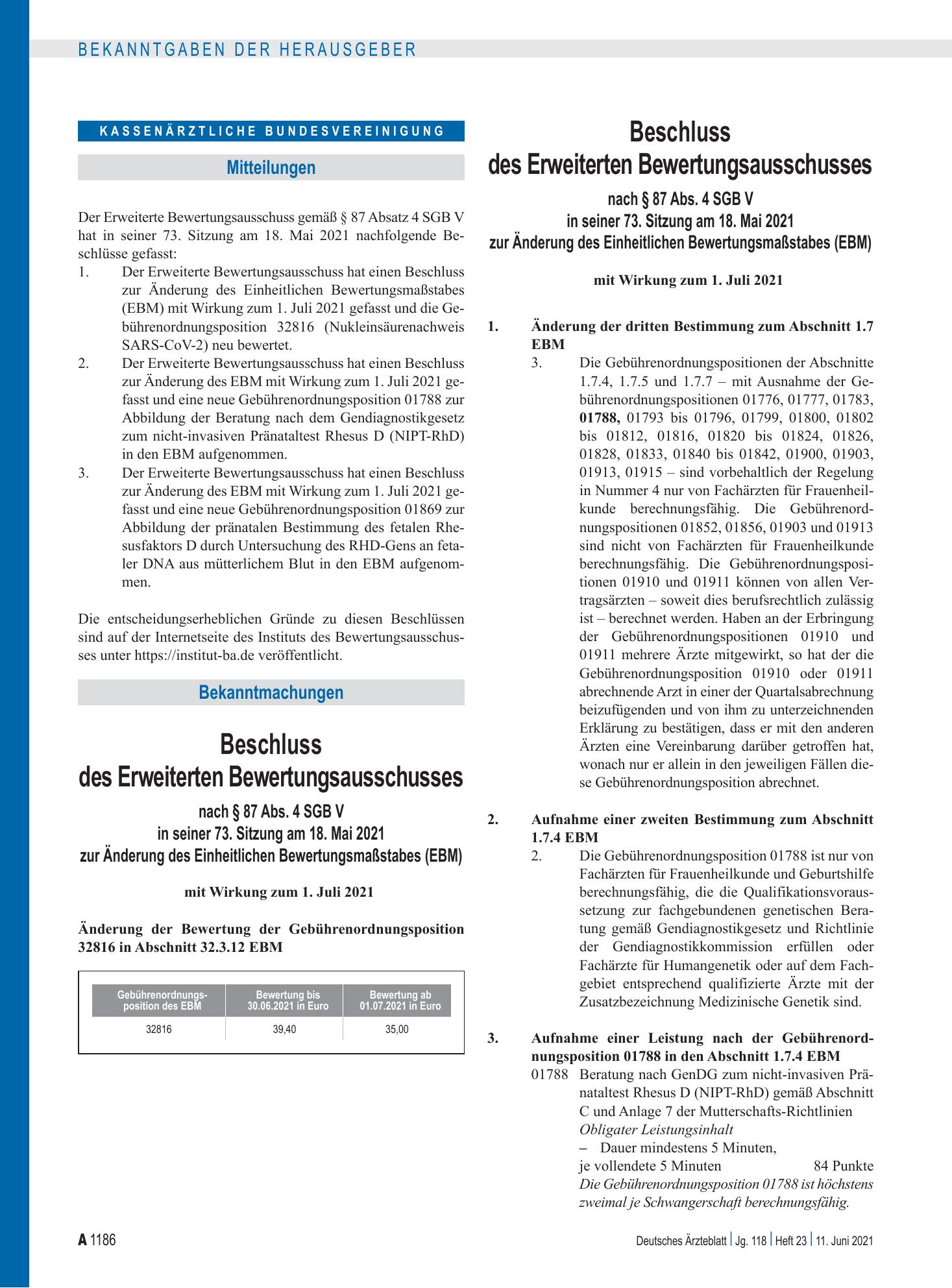 Vorschauseite 1: Beschluss des Erweiterten Bewertungsausschusses nach § 87 Abs. 4 SGB V in seiner 73. Sitzung am 18. Mai 2021 zur Änderung des Einheitlichen Bewertungsmaßstabes (EBM) – Deutsches Ä…
