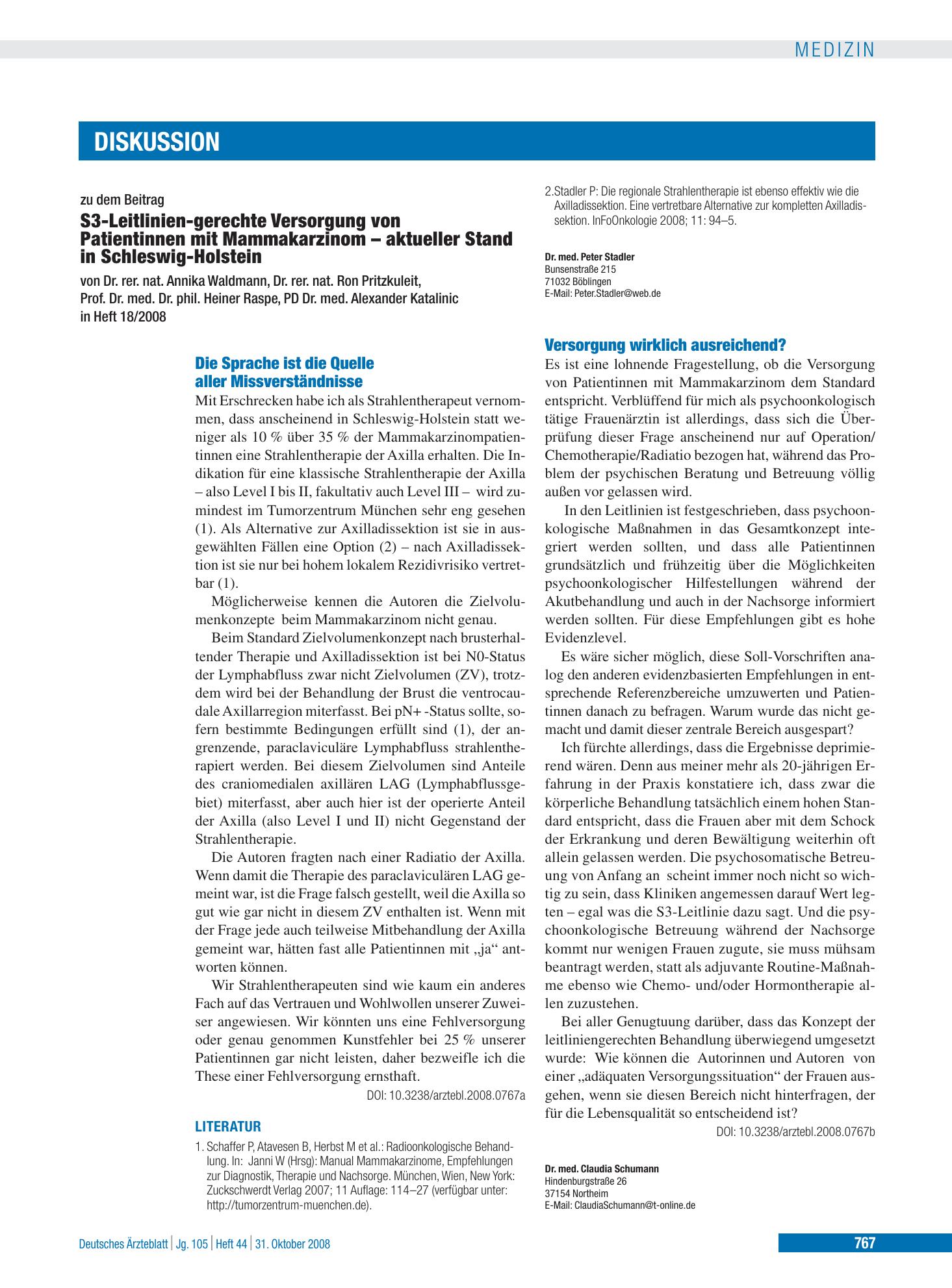 Vorschauseite 1: S3-Leitlinien-gerechte Versorgung von Patientinnen mit Mammakarzinom – aktueller Stand in Schleswig-Holstein: Schlusswort – Deutsches Ärzteblatt