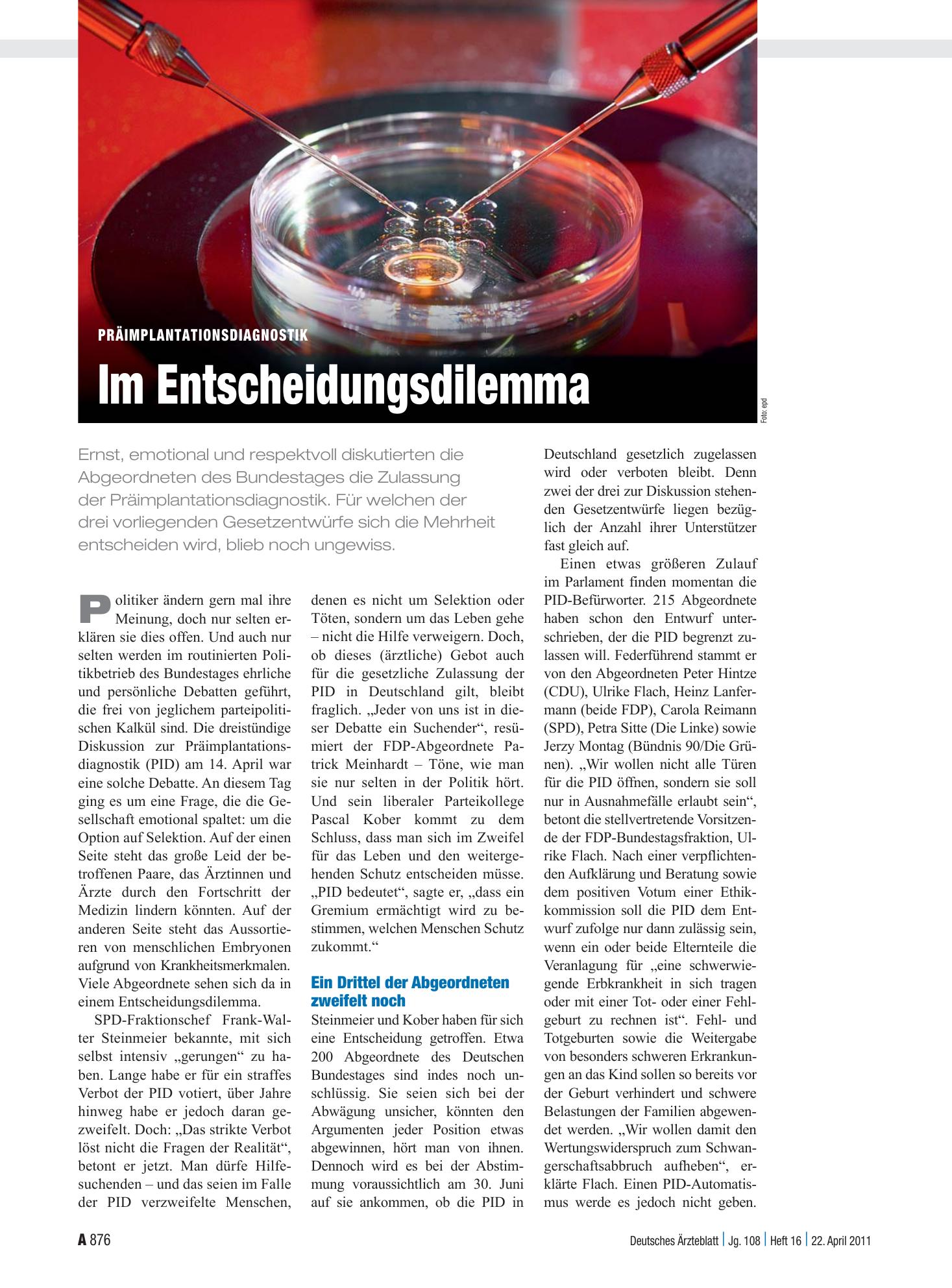 Vorschauseite 1: Präimplantationsdiagnostik: Im Entscheidungsdilemma – Deutsches Ärzteblatt