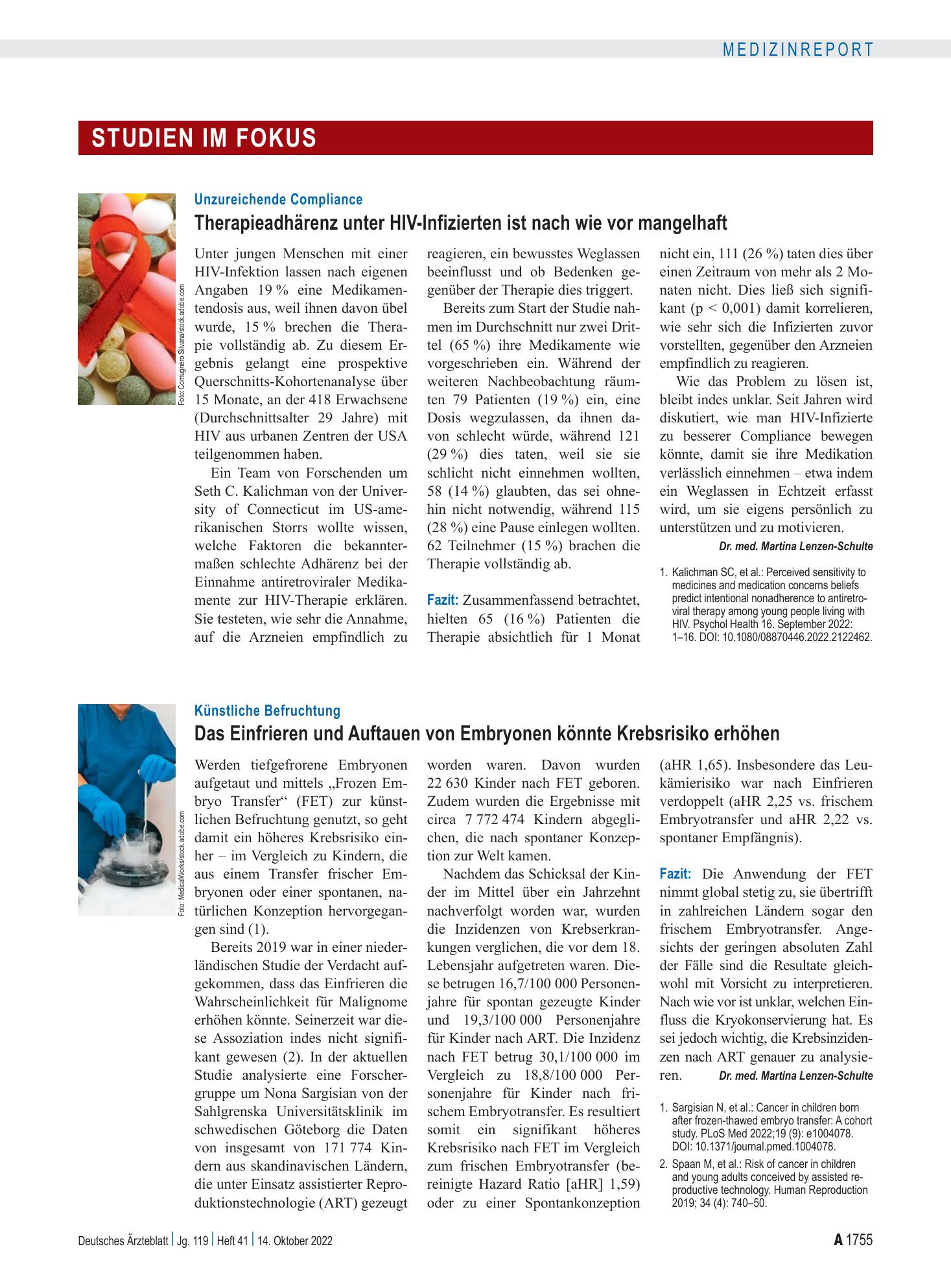 Vorschauseite 1: Unzureichende Compliance: Therapieadhärenz unter HIV-Infizierten ist nach wie vor mangelhaft – Deutsches Ärzteblatt