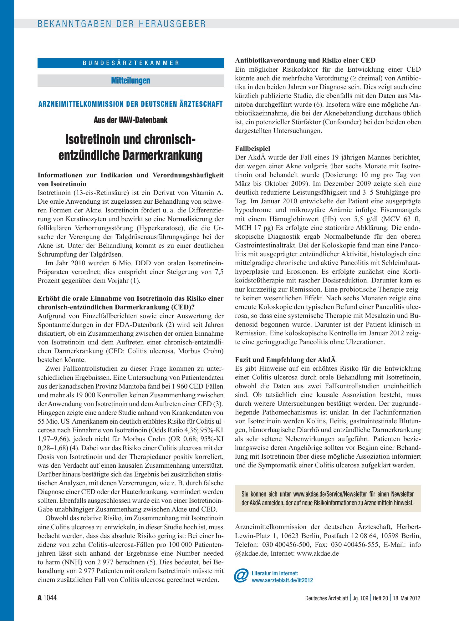 Vorschauseite 1: Aus der UAW-Datenbank: Isotretinoin und chronisch-entzündliche Darmerkrankung – Deutsches Ärzteblatt