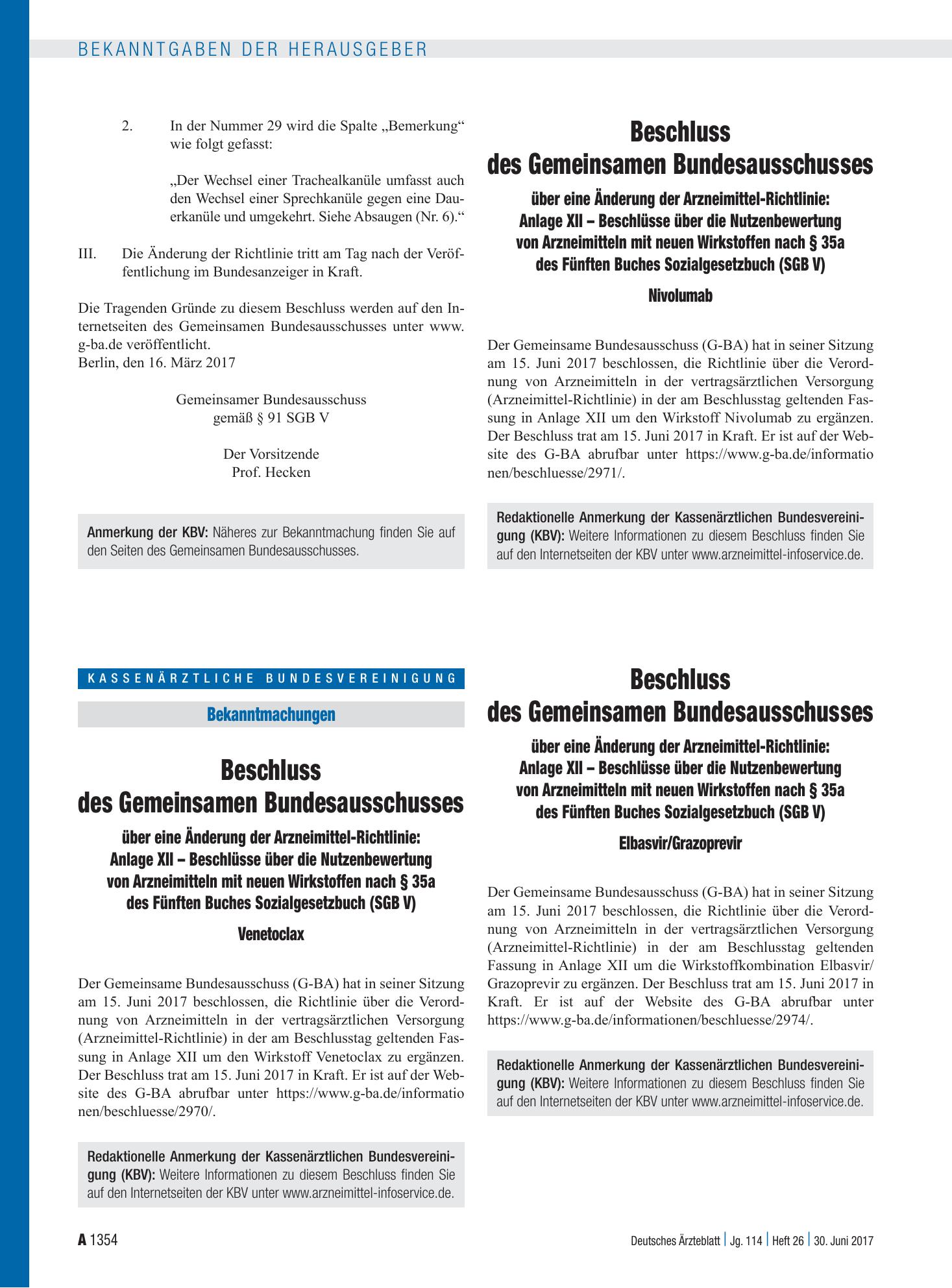 Vorschauseite 1: Beschluss des Gemeinsamen Bundesausschusses über eine Änderung der Arzneimittel-Richtlinie: Anlage XII – Elbasvir/Grazoprevir – Deutsches Ärzteblatt