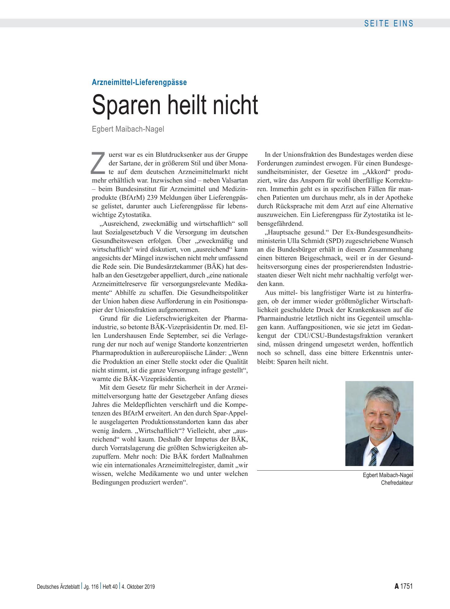 Vorschauseite 1: Arzneimittel-Lieferengpässe: Sparen heilt nicht – Deutsches Ärzteblatt