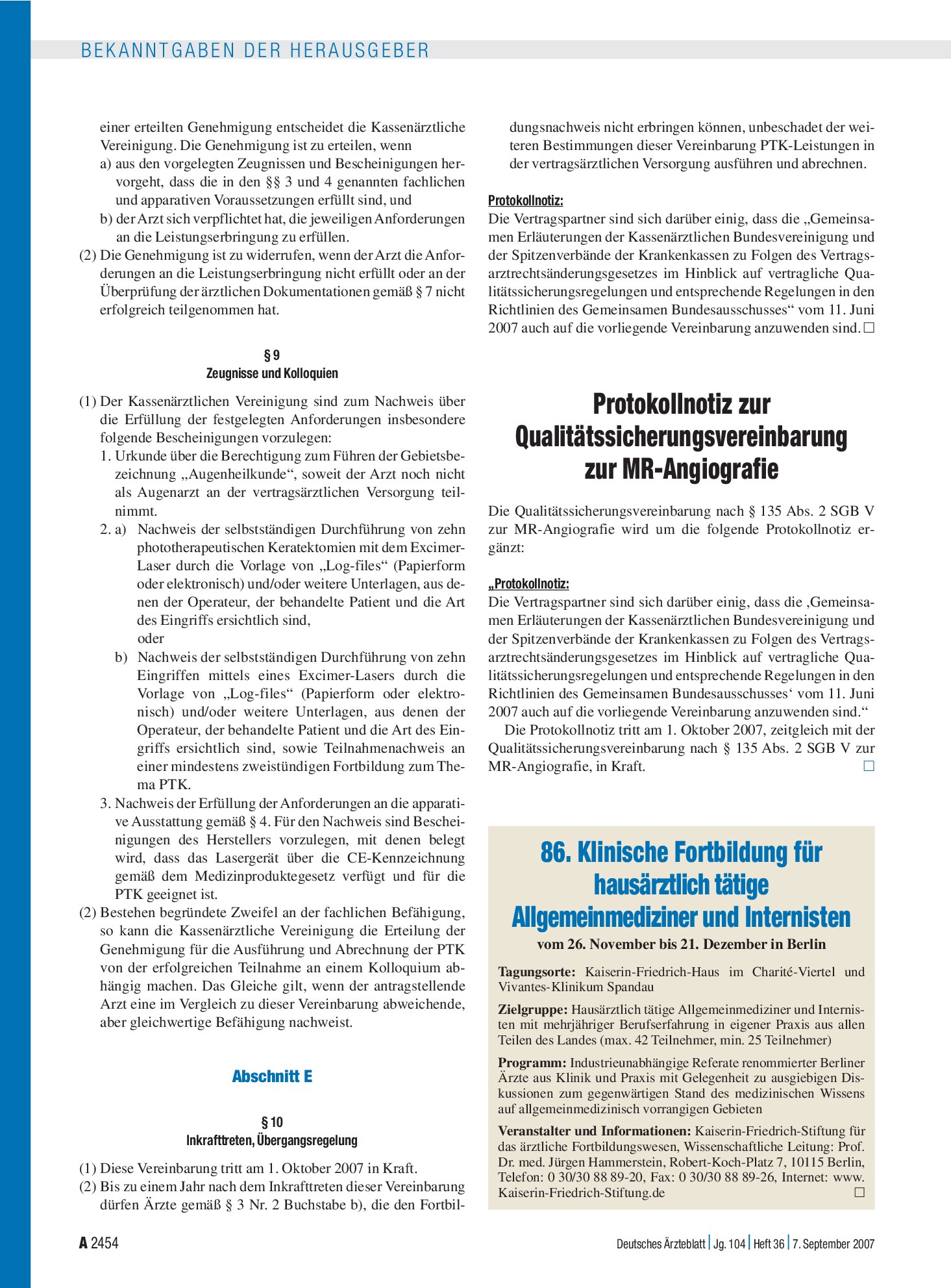 Vorschauseite 1: 86. Klinische Fortbildung für hausärztlich tätige Allgemeinmediziner und Internisten vom 26. November bis 21. Dezember in Berlin – Deutsches Ärzteblatt
