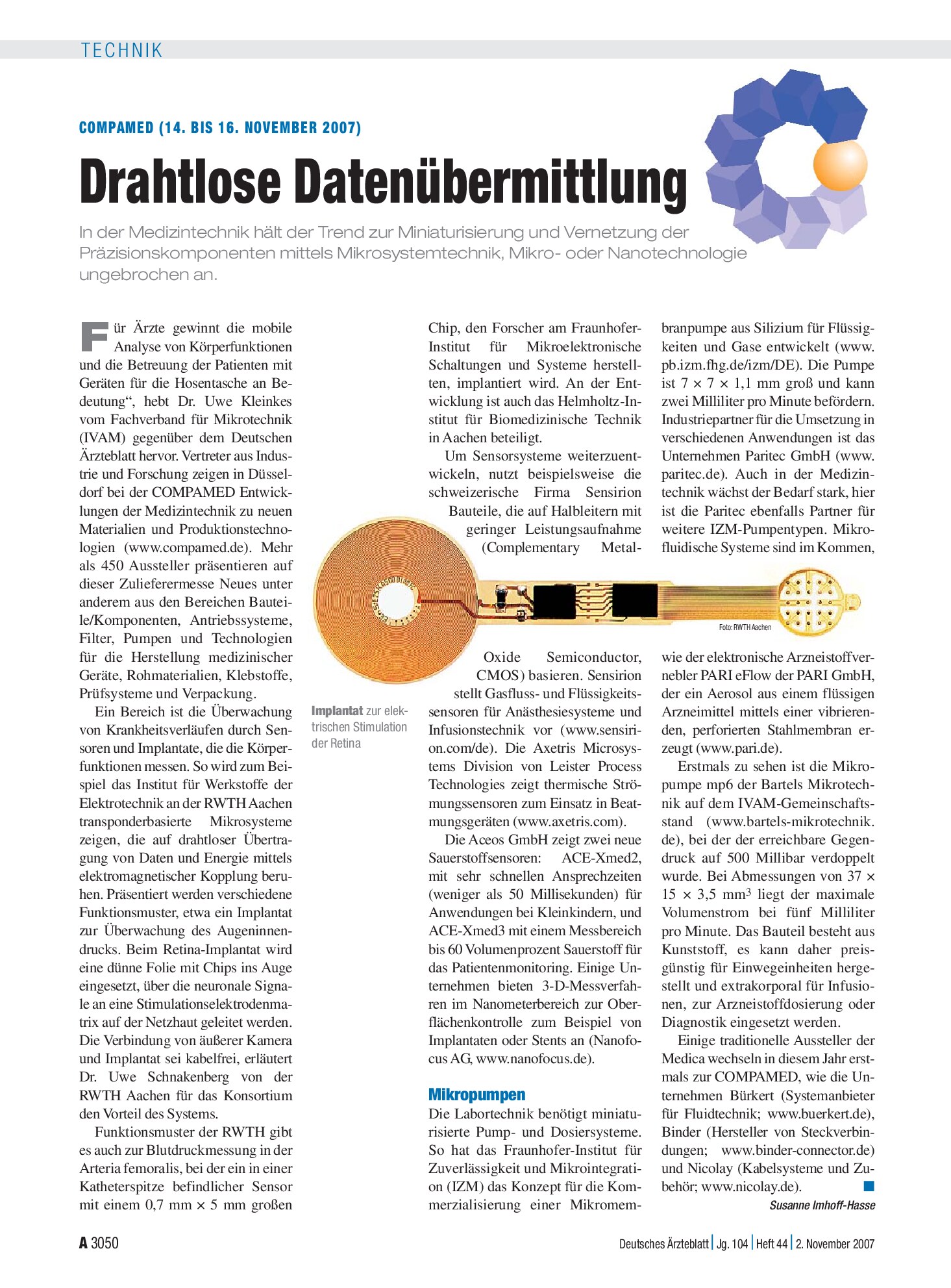Vorschauseite 1: Compamed (14. bis 16. November 2007): Drahtlose Datenübermittlung – Deutsches Ärzteblatt