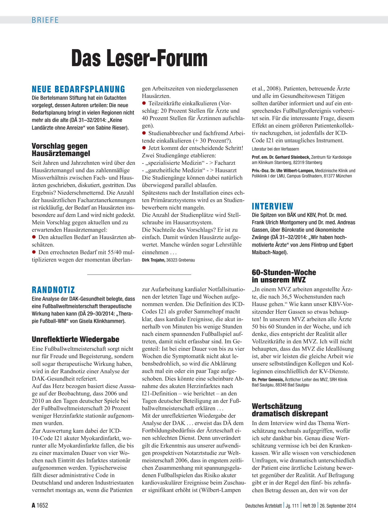 Vorschauseite 1: Interview: Wertschätzung dramatisch diskrepant – Deutsches Ärzteblatt