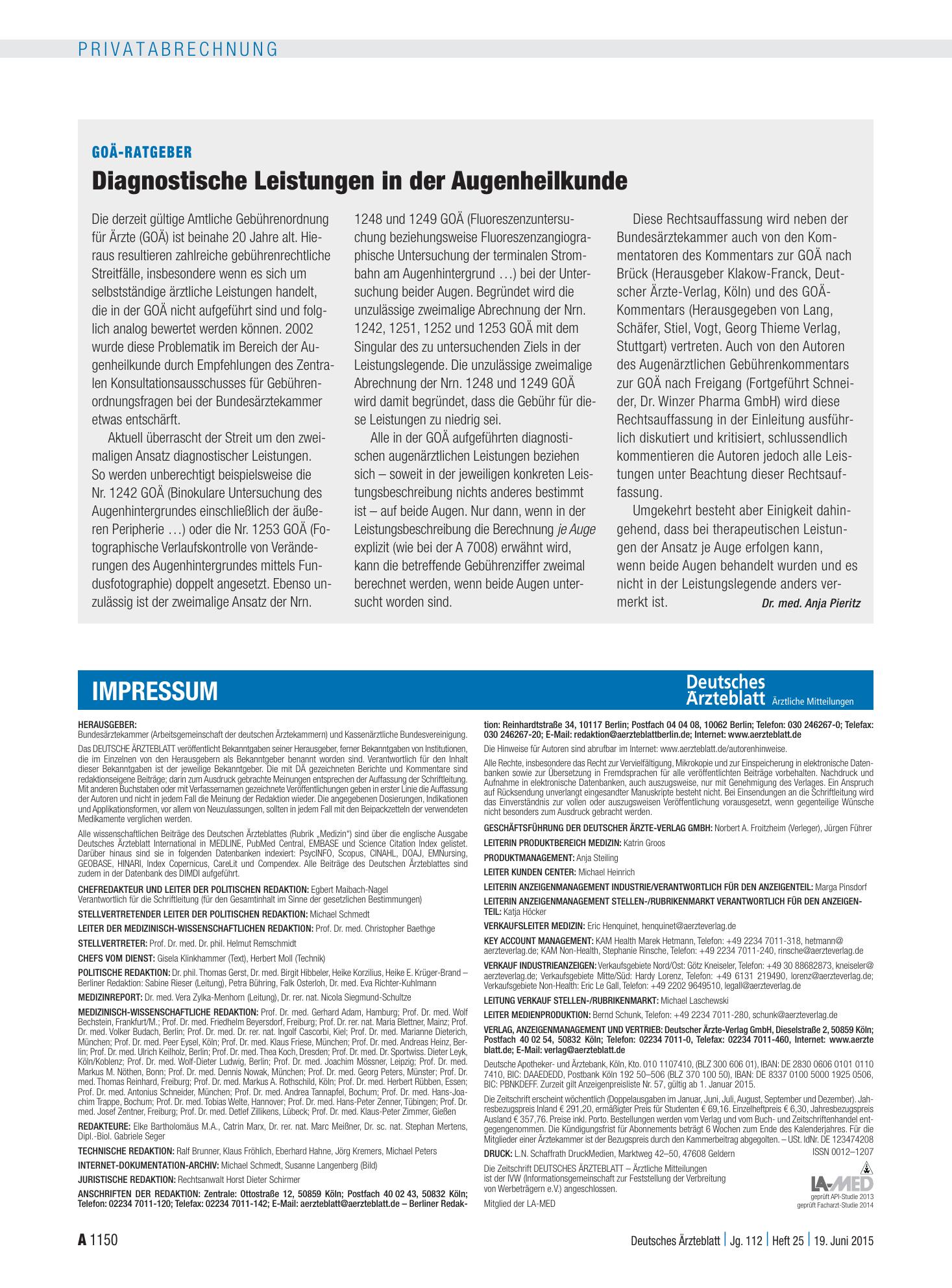 Vorschauseite 1: GOÄ-Ratgeber: Diagnostische Leistungen in der Augenheilkunde – Deutsches Ärzteblatt
