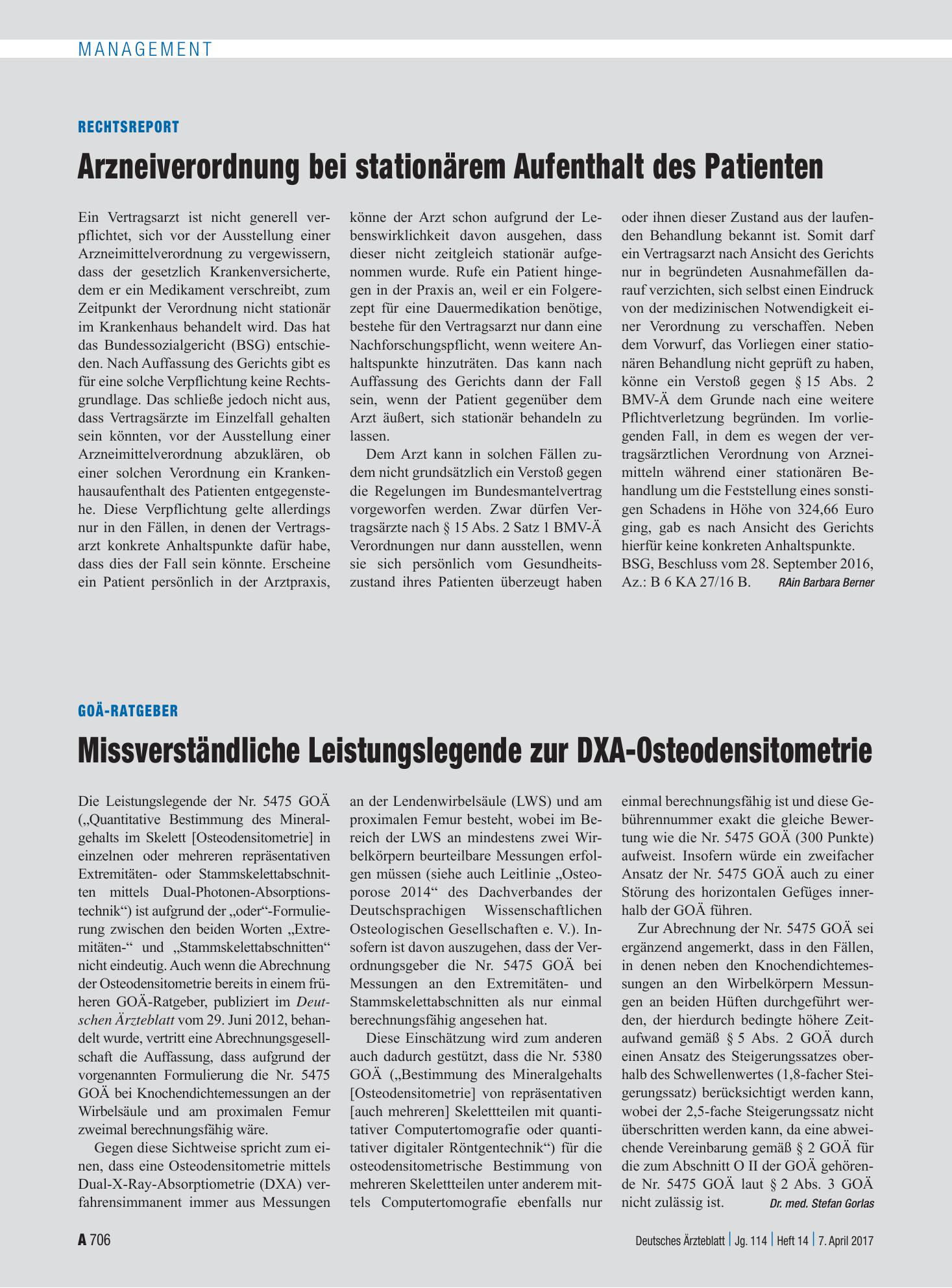 Vorschauseite 1: GOÄ-Ratgeber: Missverständliche Leistungslegende zur DXA-Osteodensitometrie – Deutsches Ärzteblatt