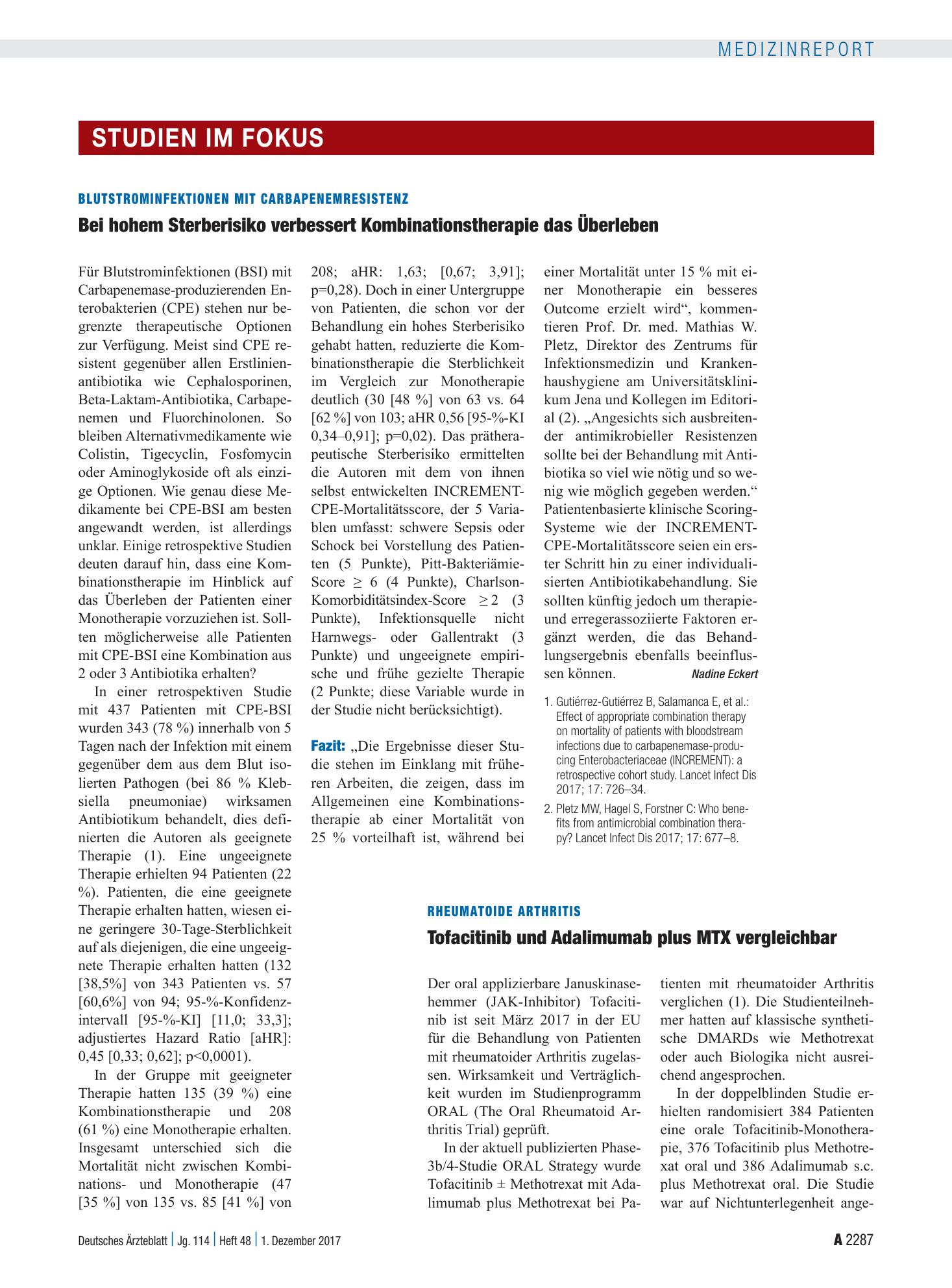 Vorschauseite 1: Blutstrominfektionen mit Carbapenemresistenz: Bei hohem Sterberisiko verbessert Kombinationstherapie das Überleben – Deutsches Ärzteblatt