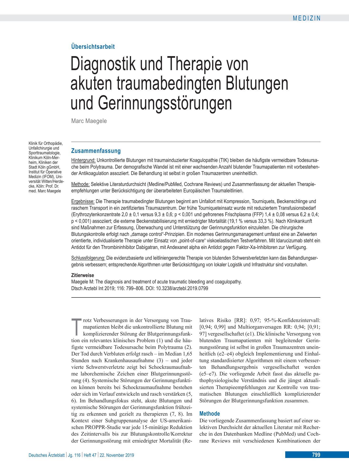 Vorschauseite 1: Diagnostik und Therapie von akuten traumabedingten Blutungen und Gerinnungsstörungen – Deutsches Ärzteblatt