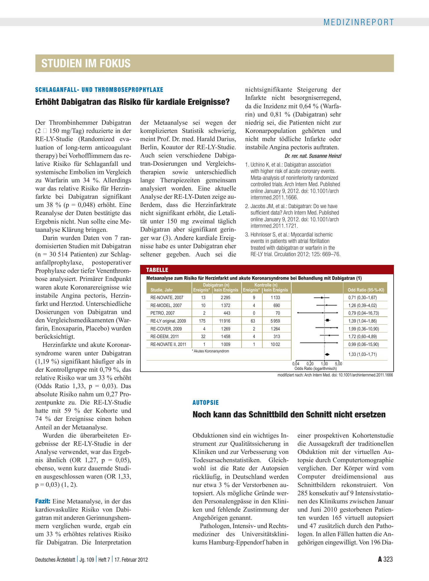Vorschauseite 1: Schlaganfall- und Thromboseprophylaxe: Erhöht Dabigatran das Risiko für kardiale Ereignisse? – Deutsches Ärzteblatt