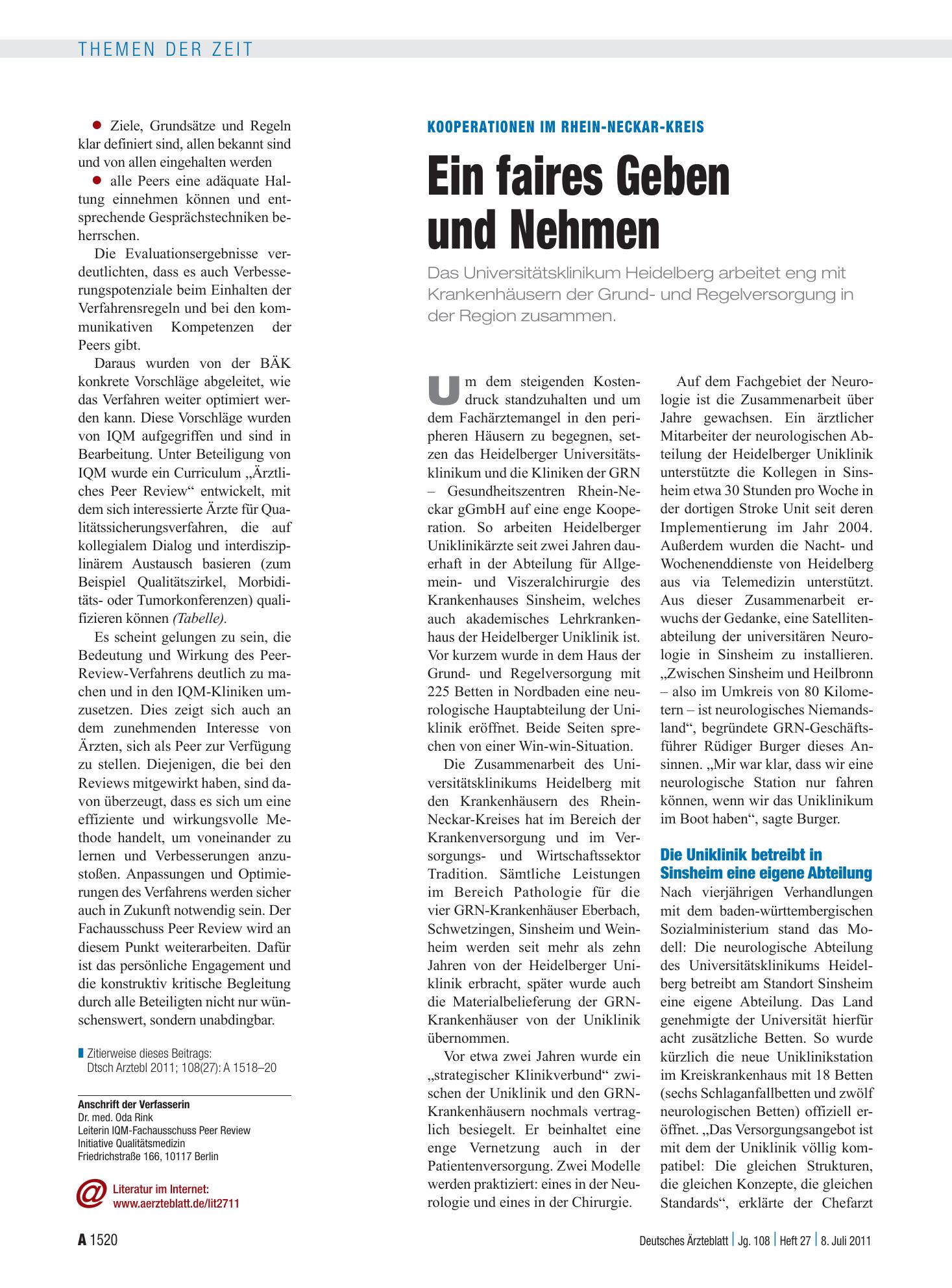 Vorschauseite 1: Kooperationen im Rhein-Neckar-Kreis: Ein faires Geben und Nehmen – Deutsches Ärzteblatt