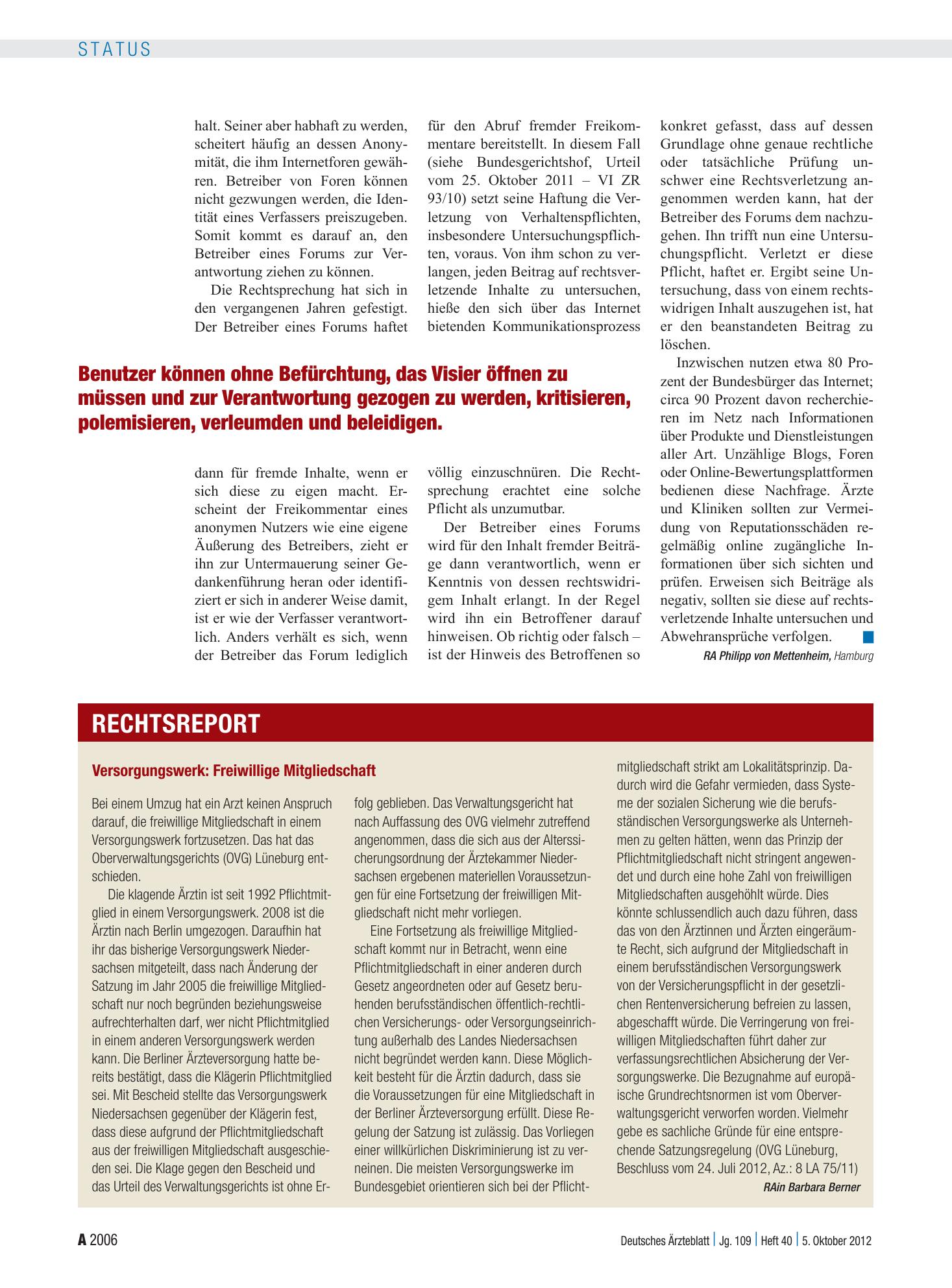 Vorschauseite 1: Versorgungswerk: Freiwillige Mitgliedschaft – Deutsches Ärzteblatt