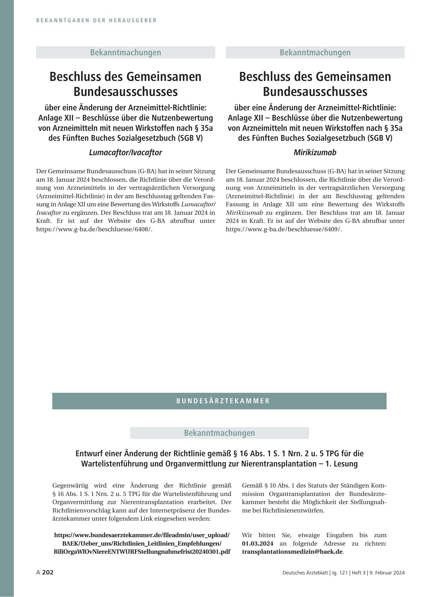 Vorschauseite 1: Beschluss des Gemeinsamen Bundesausschusses über eine Änderung der Arzneimittel-Richtlinie: Anlage XII – Lumacaftor/Ivacaftor – Deutsches Ärzteblatt