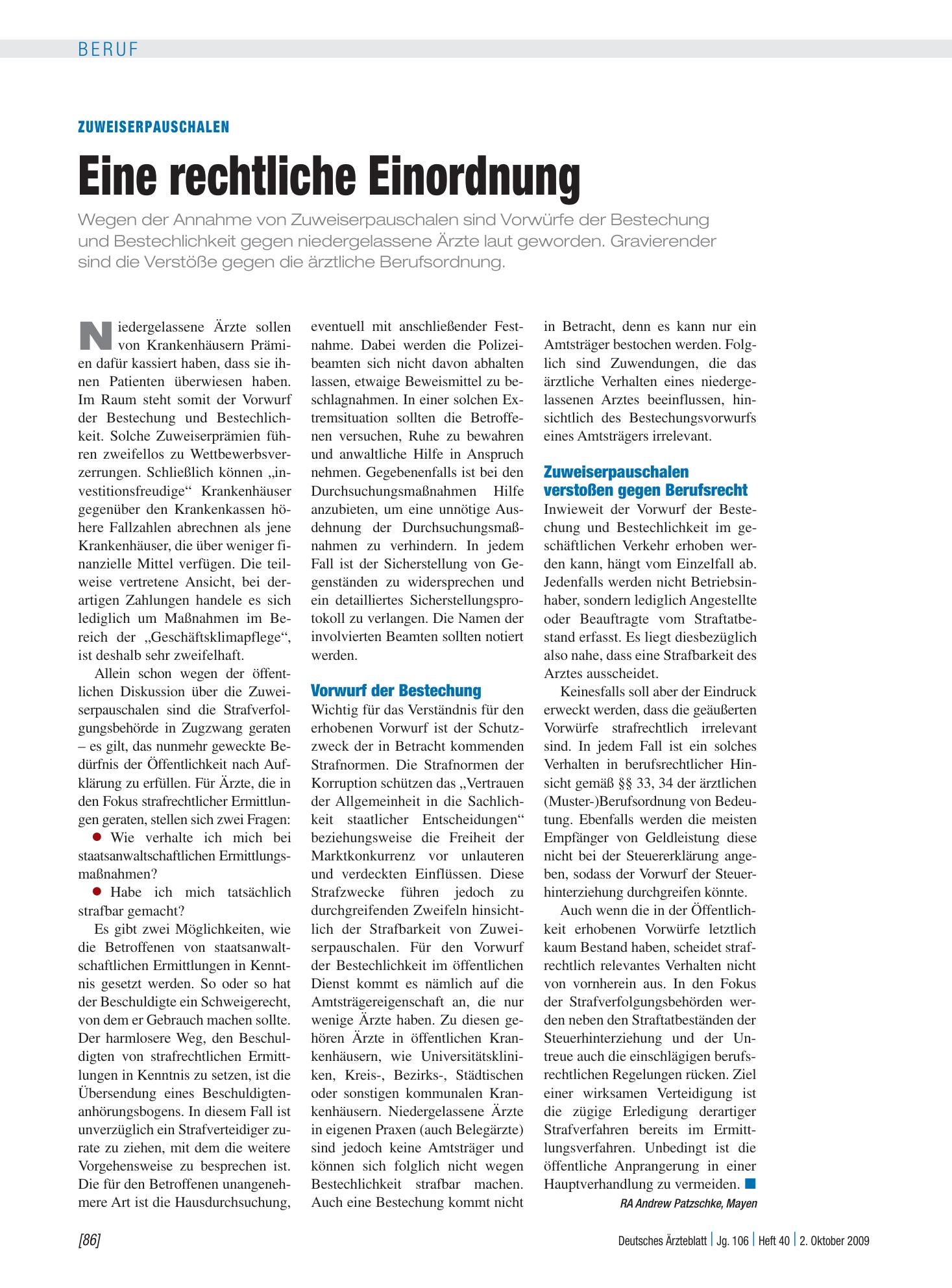 Vorschauseite 1: Zuweiserpauschalen: Eine rechtliche Einordnung – Deutsches Ärzteblatt