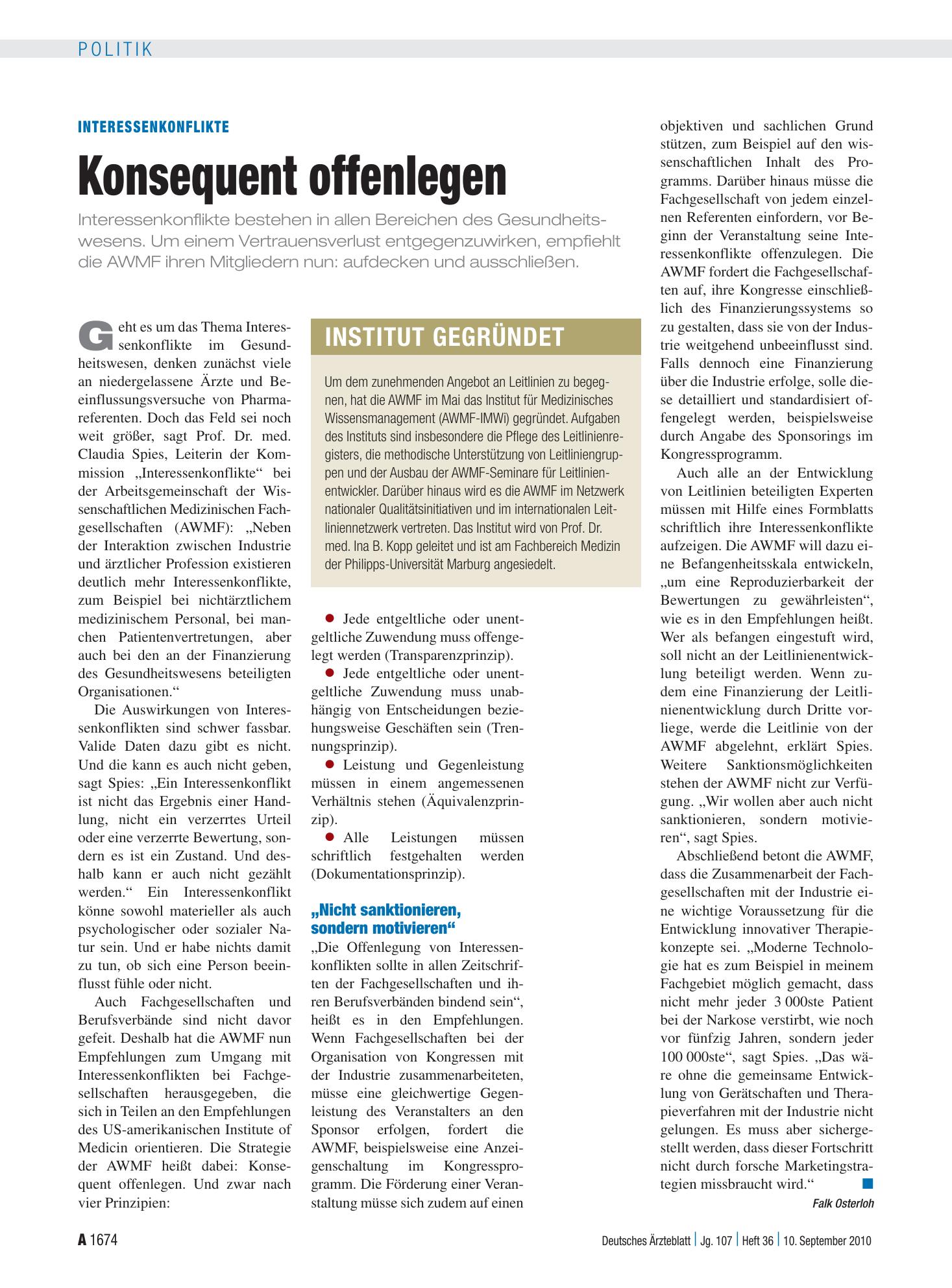 Vorschauseite 1: Interessenkonflikte: Konsequent offenlegen – Deutsches Ärzteblatt