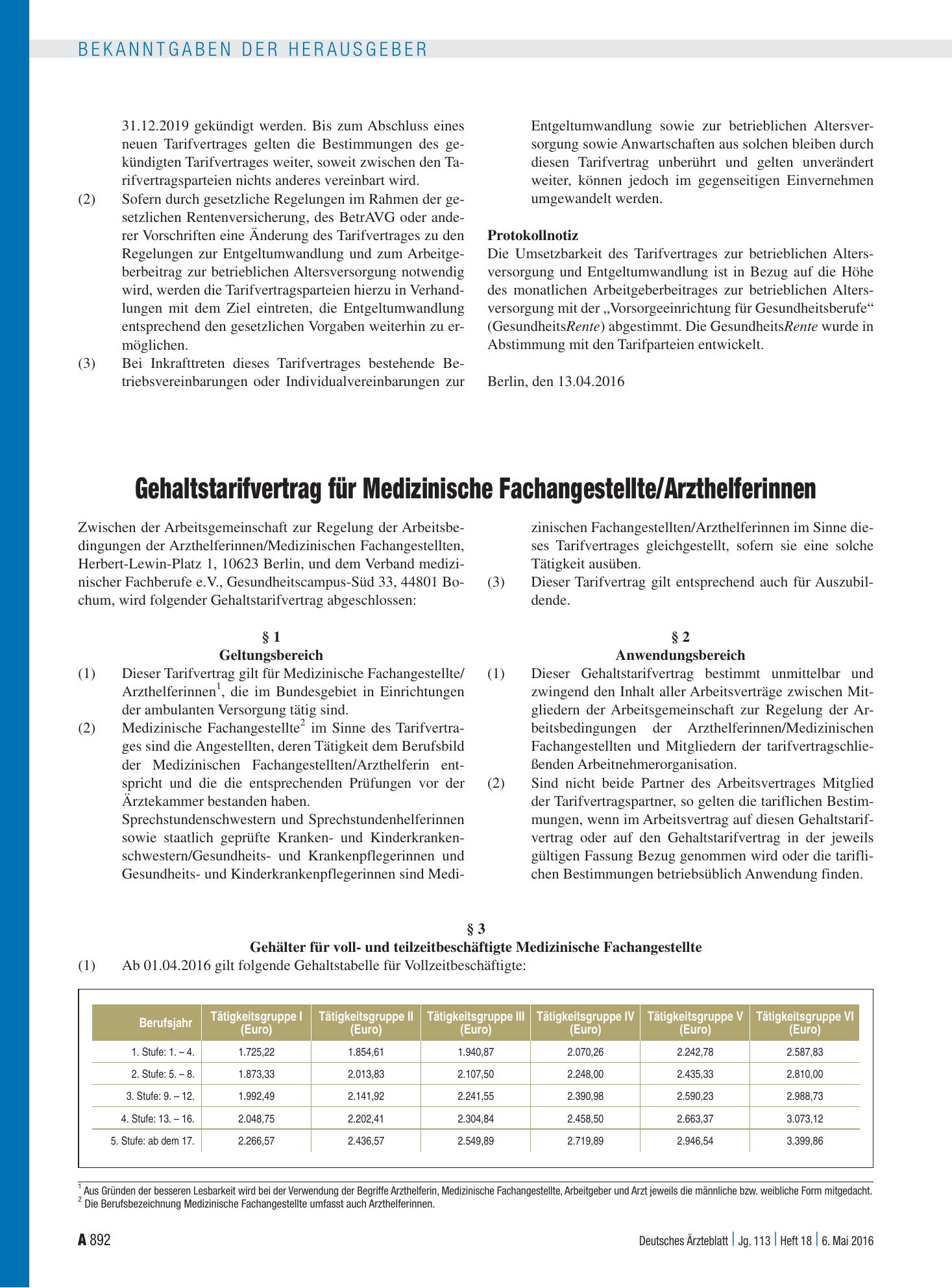 Vorschauseite 1: Gehaltstarifvertrag für Medizinische Fachangestellte/Arzthelferinnen – Deutsches Ärzteblatt