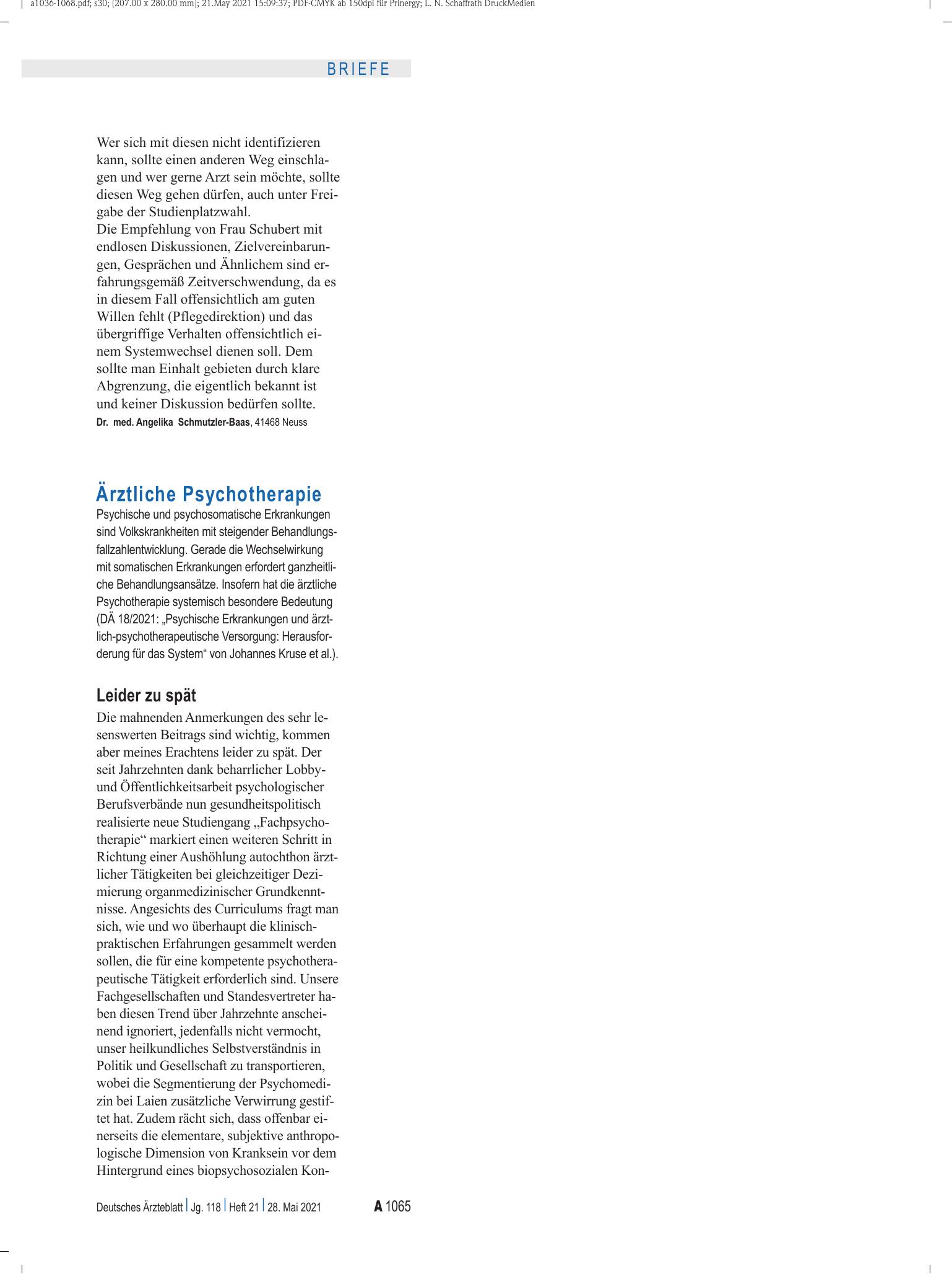Vorschauseite 1: Ärztliche Psychotherapie: Leider zu spät – Deutsches Ärzteblatt