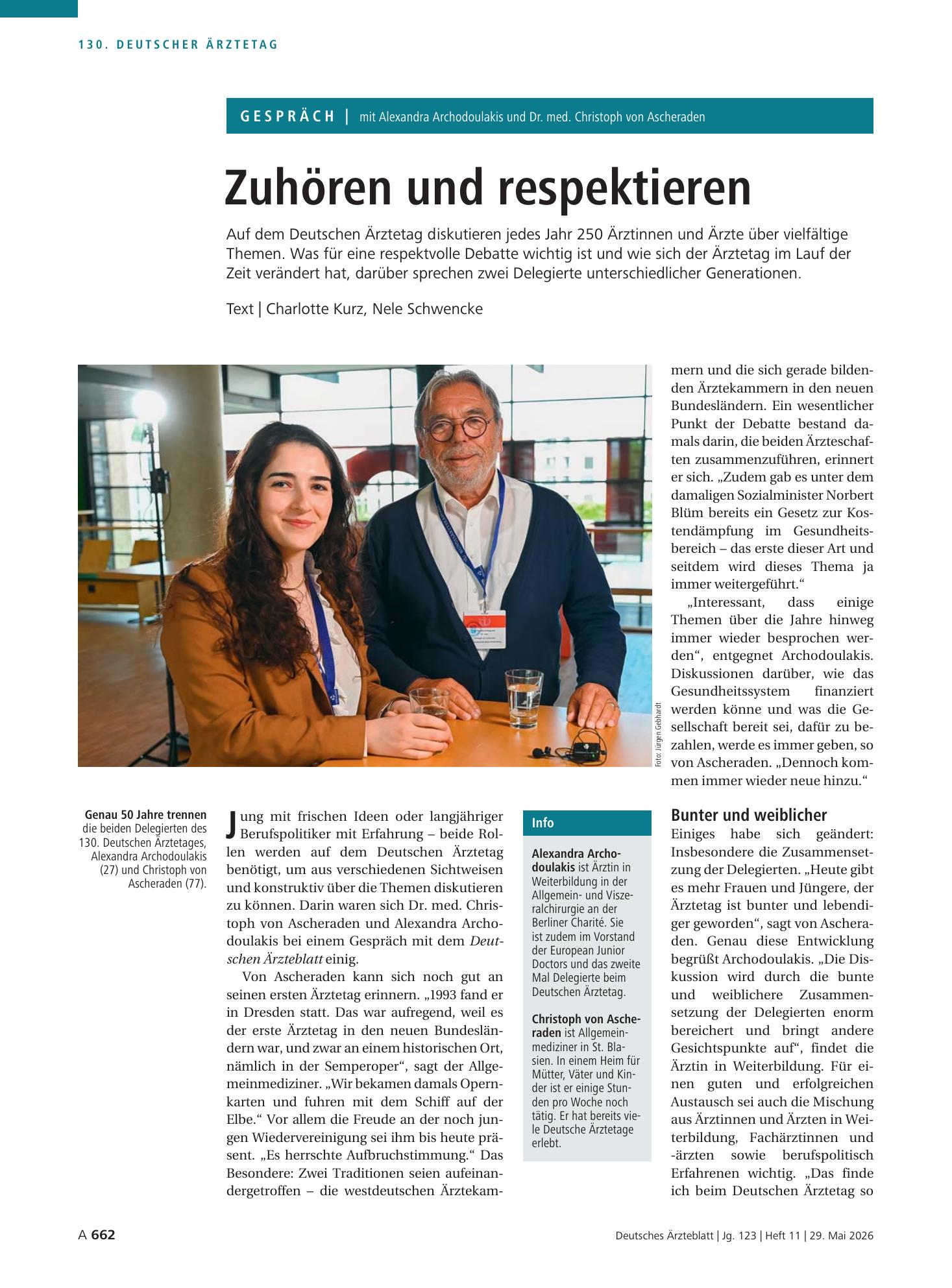 Vorschauseite 1: Das Gespräch mit Alexandra Archodoulakis und Dr. med. Christoph von Ascheraden: Zuhören und respektieren – Deutsches Ärzteblatt