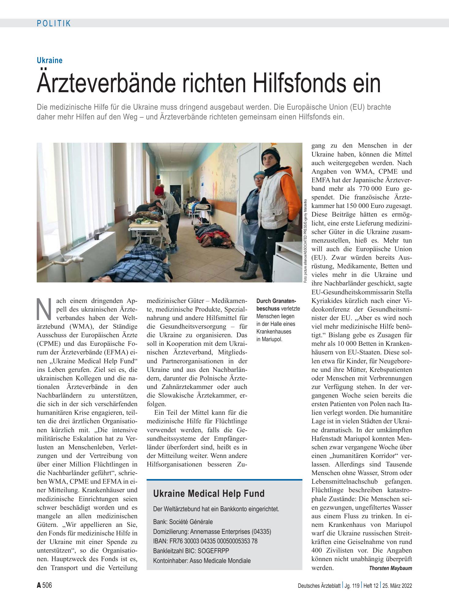 Vorschauseite 1: Ukraine: Ärzteverbände richten Hilfsfonds ein – Deutsches Ärzteblatt