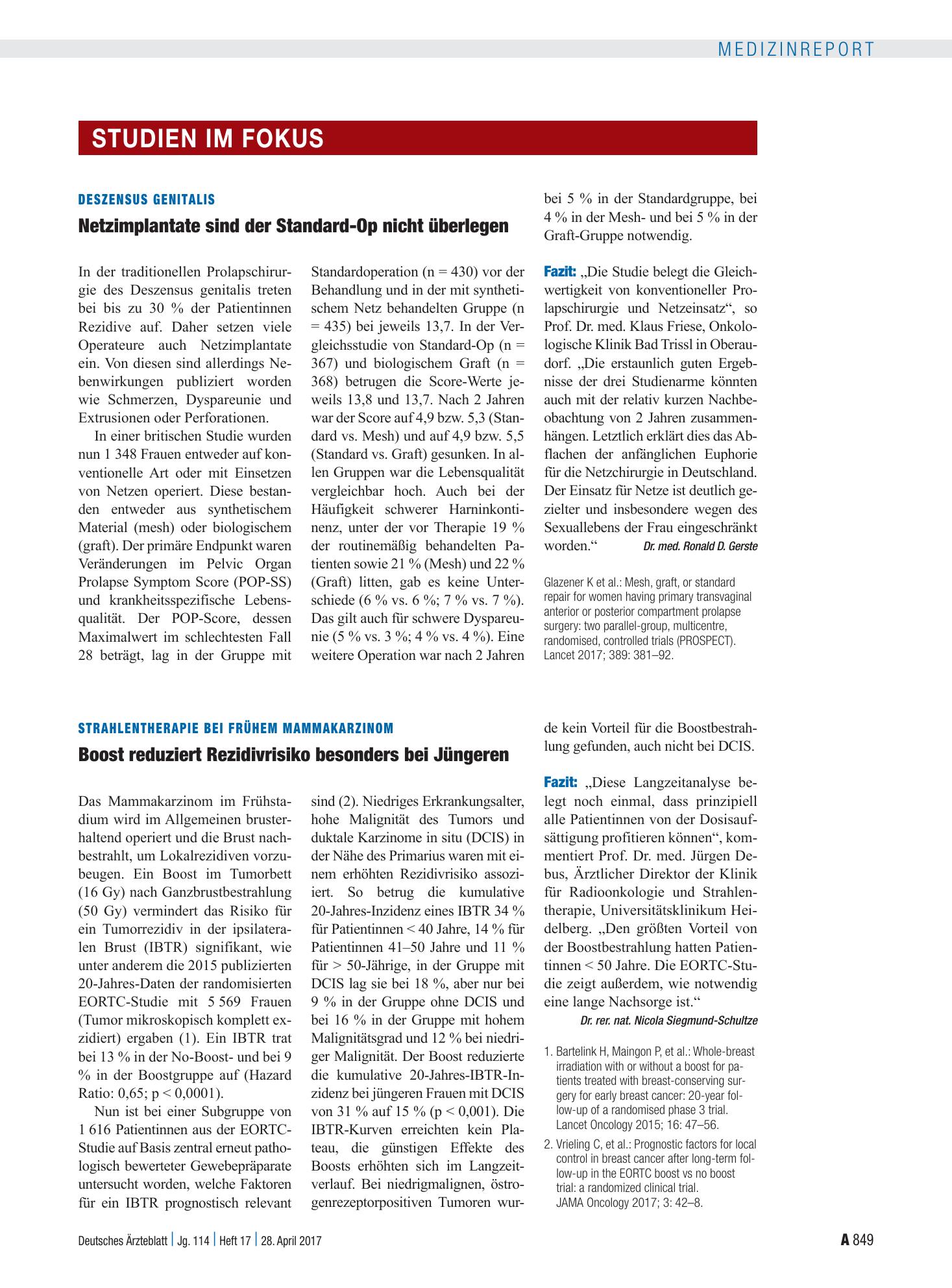 Vorschauseite 1: Deszensus genitalis: Netzimplantate sind der Standard-Op nicht überlegen – Deutsches Ärzteblatt