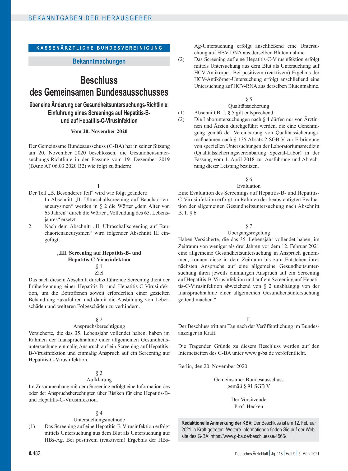 Vorschauseite 1: Beschluss des Gemeinsamen Bundesausschusses über eine Änderung der Gesundheitsuntersuchungs-Richtlinie: Einführung eines Screenings auf Hepatitis-B- und auf Hepatitis-C-Virusinfek…