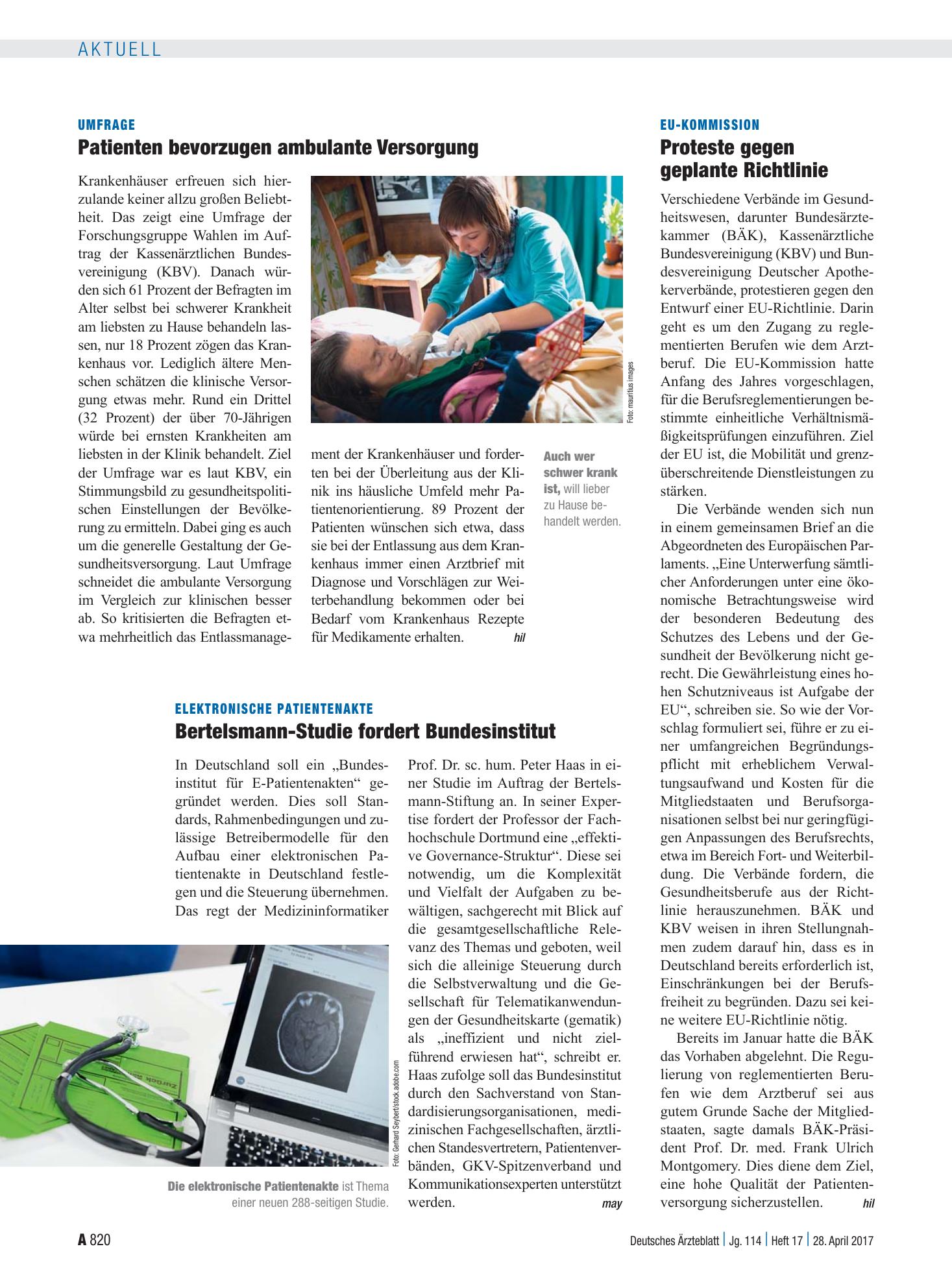 Vorschauseite 1: Umfrage: Patienten bevorzugen ambulante Versorgung – Deutsches Ärzteblatt