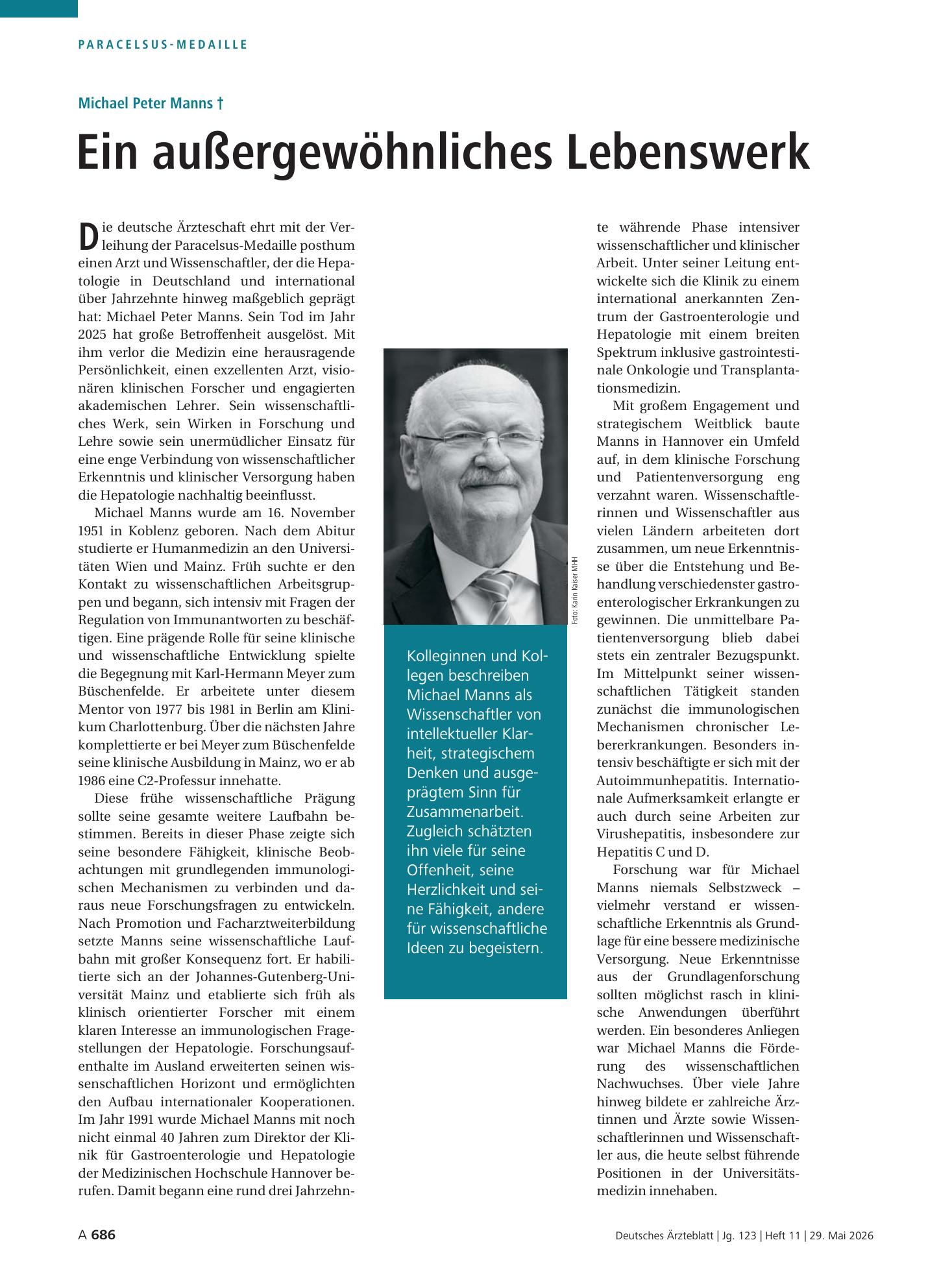 Vorschauseite 1: Michael Peter Manns †: Ein außergewöhnliches Lebenswerk – Deutsches Ärzteblatt