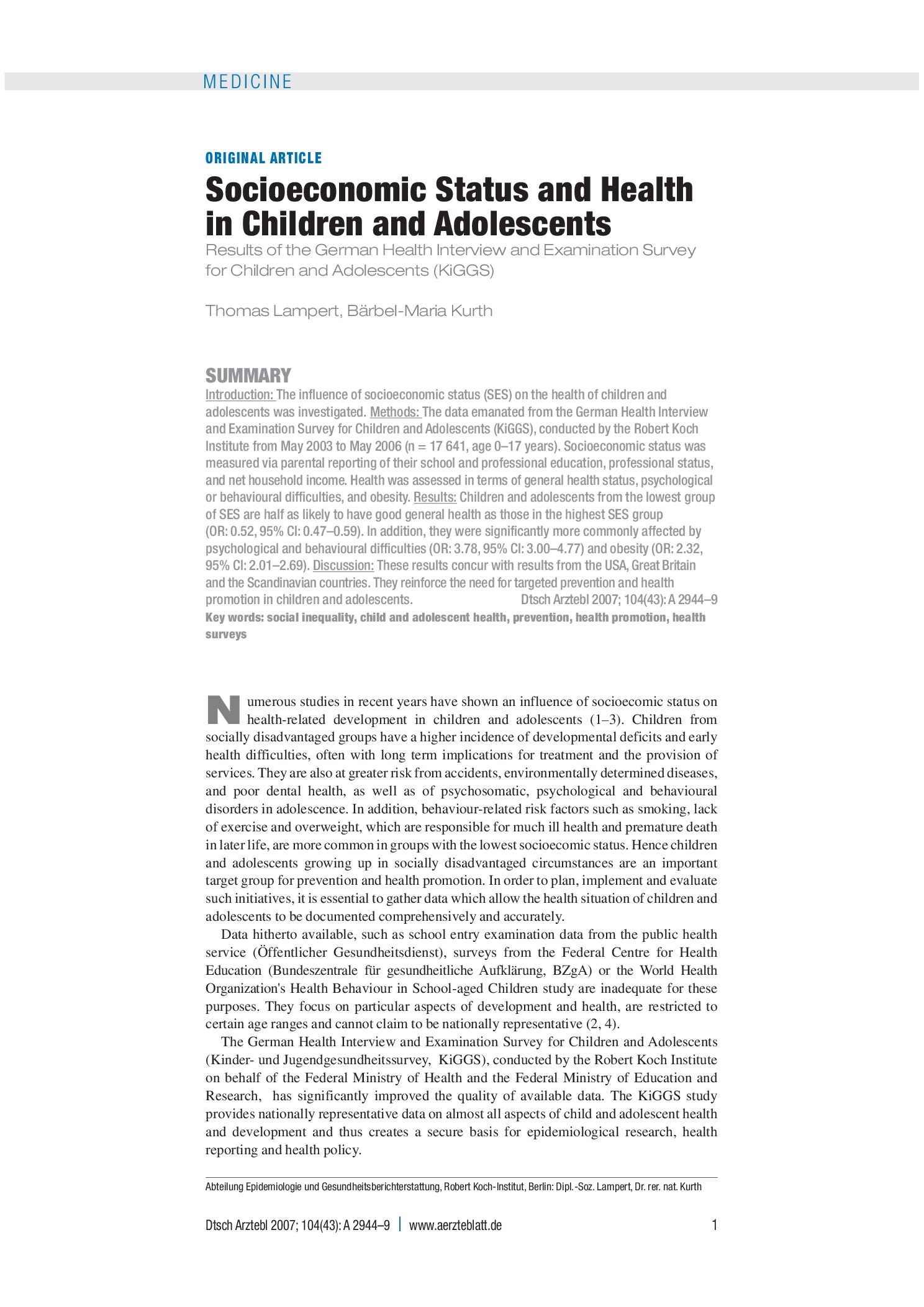 Vorschauseite 1: Sozialer Status und Gesundheit von Kindern und Jugendlichen – Deutsches Ärzteblatt
