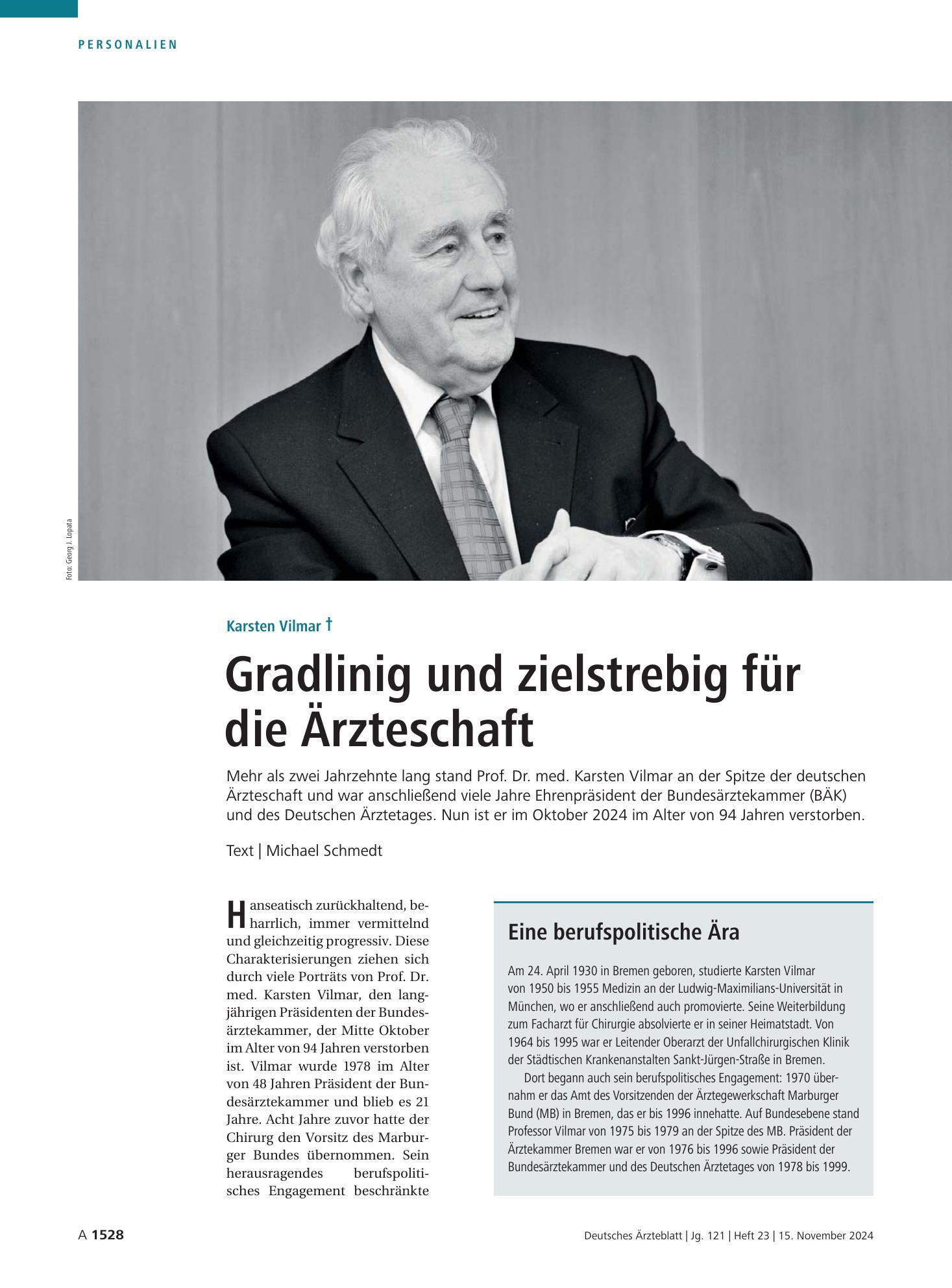 Vorschauseite 1: Karsten Vilmar †: Gradlinig und zielstrebig für die Ärzteschaft – Deutsches Ärzteblatt