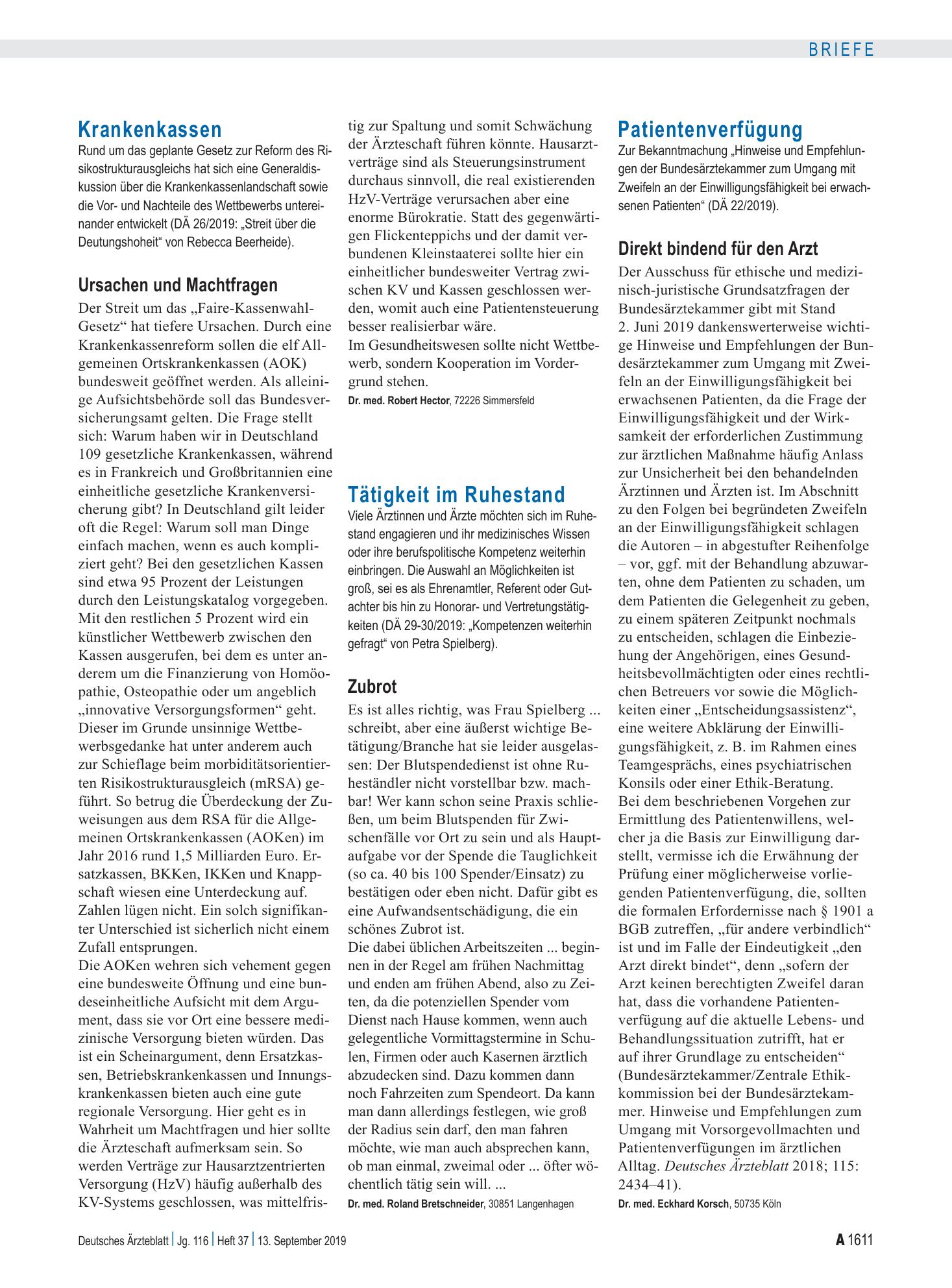 Vorschauseite 1: Tätigkeit im Ruhestand: Zubrot – Deutsches Ärzteblatt