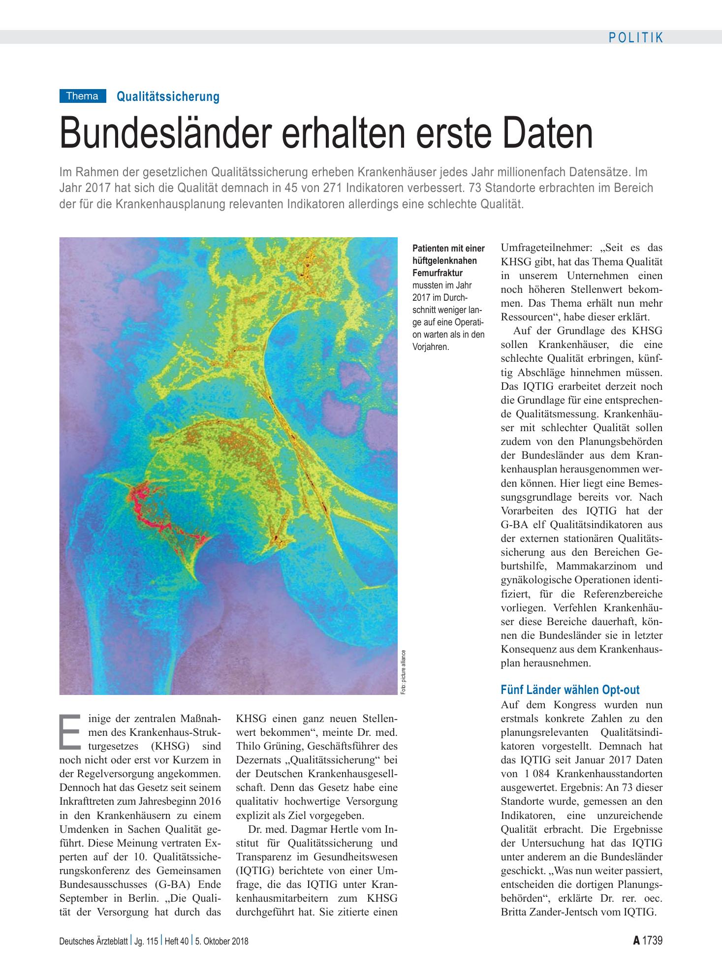Vorschauseite 1: Qualitätssicherung: Bundesländer erhalten erste Daten – Deutsches Ärzteblatt