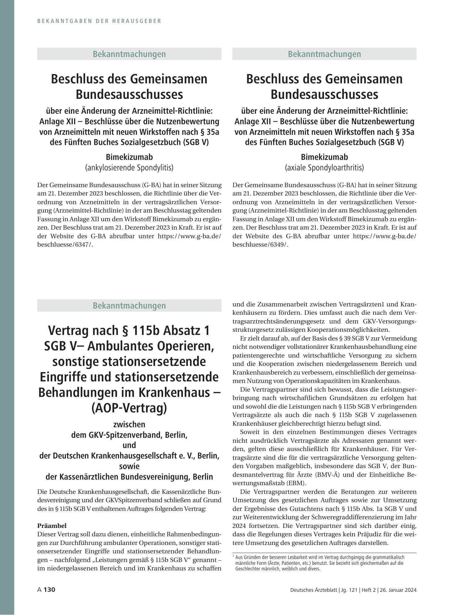 Vorschauseite 1: Beschluss des Gemeinsamen Bundesausschusses über eine Änderung der Arzneimittel-Richtlinie: Anlage XII – Bimekizumab (axiale Spondyloarthritis) – Deutsches Ärzteblatt