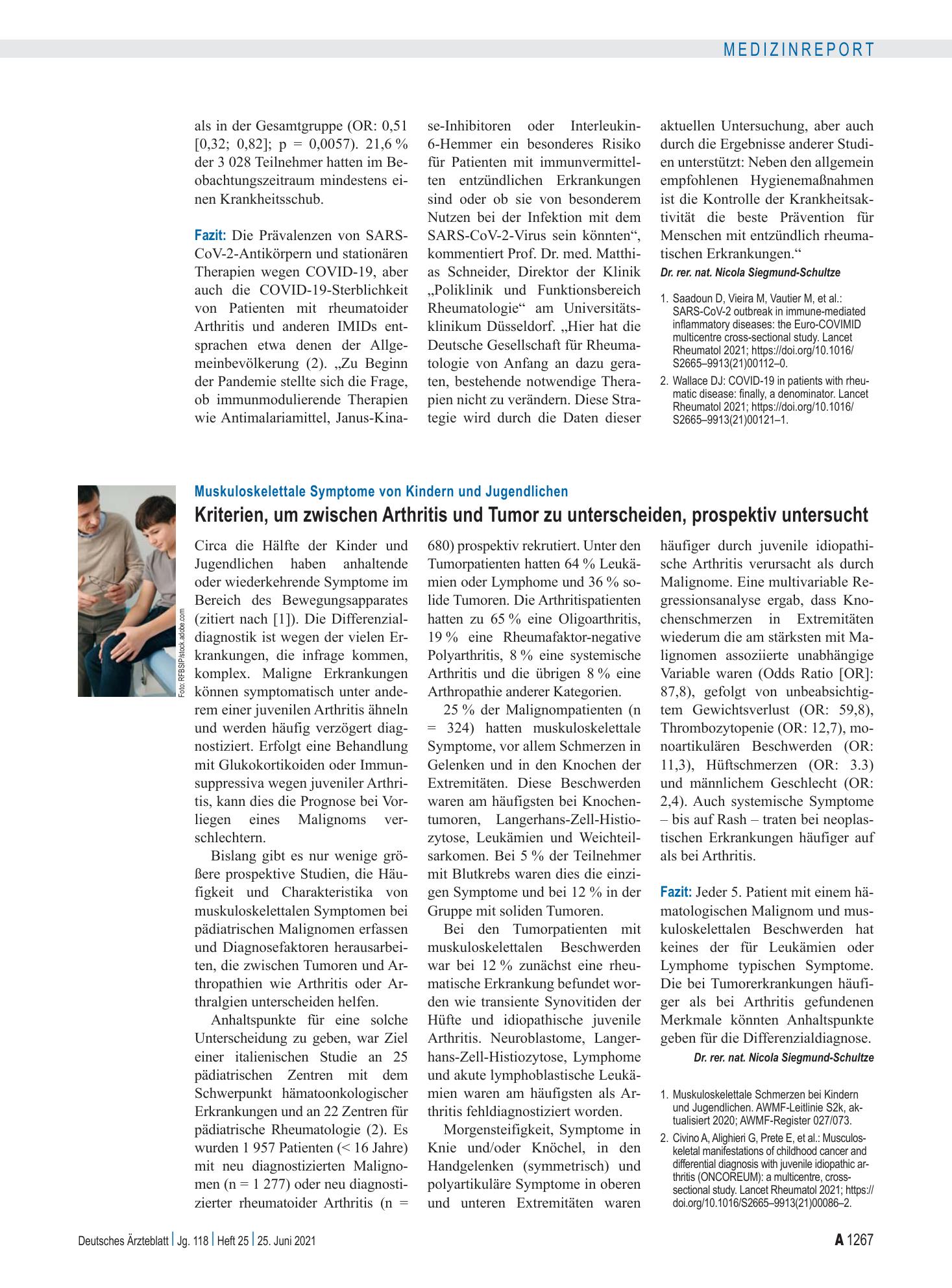 Vorschauseite 1: Muskuloskelettale Symptome von Kindern und Jugendlichen: Kriterien, um zwischen Arthritis und Tumor zu unterscheiden, prospektiv untersucht – Deutsches Ärzteblatt