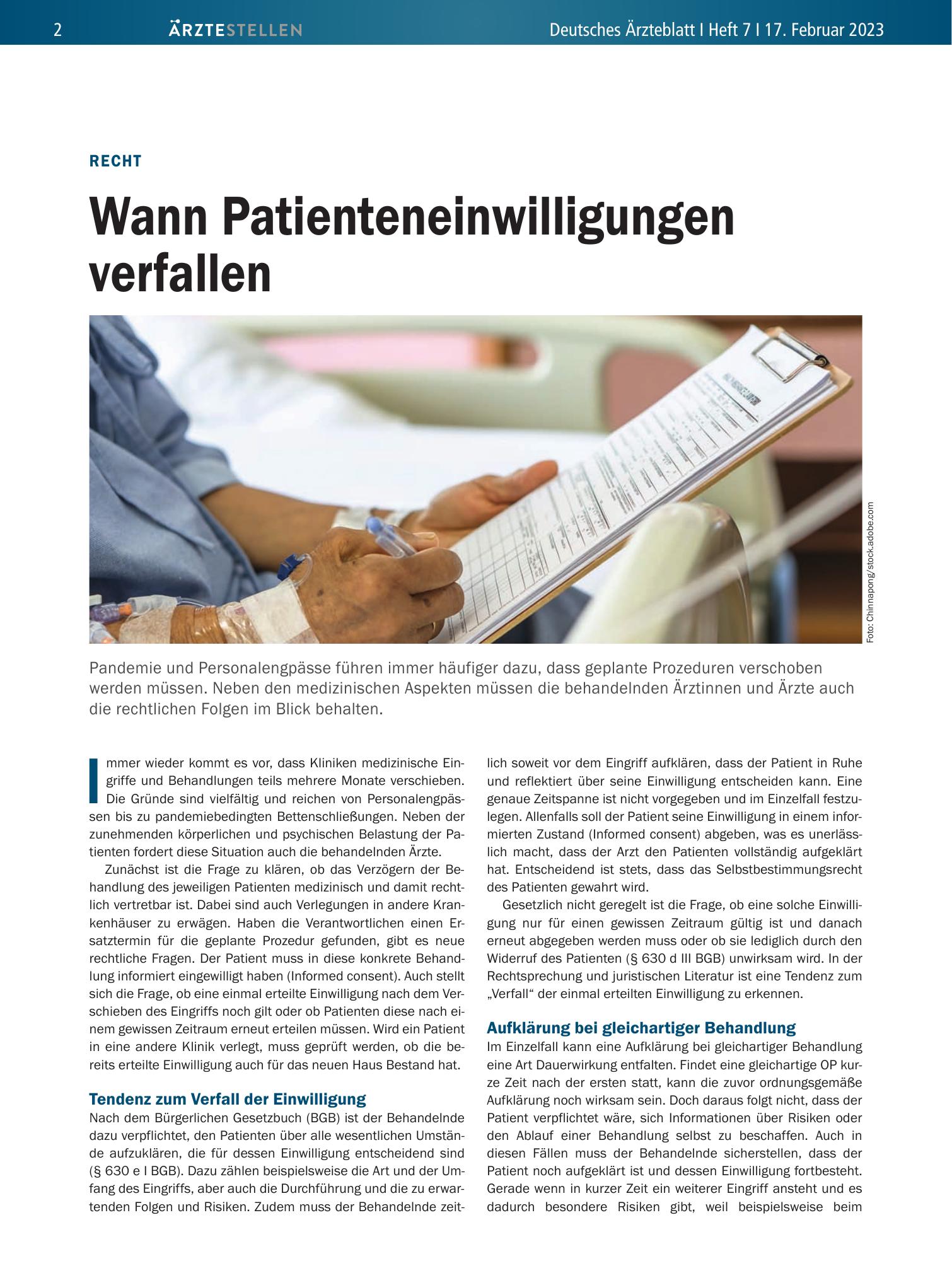 Vorschauseite 1: Recht: Wann Patienteneinwilligungen verfallen – Deutsches Ärzteblatt