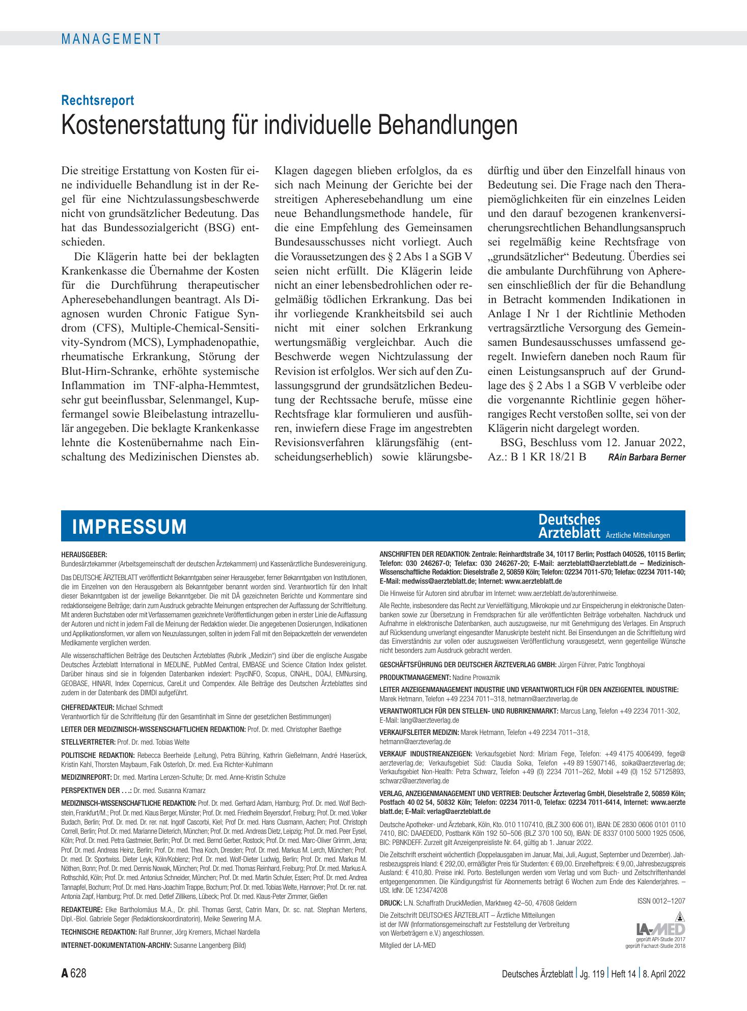 Vorschauseite 1: Rechtsreport: Kostenerstattung für individuelle Behandlungen – Deutsches Ärzteblatt