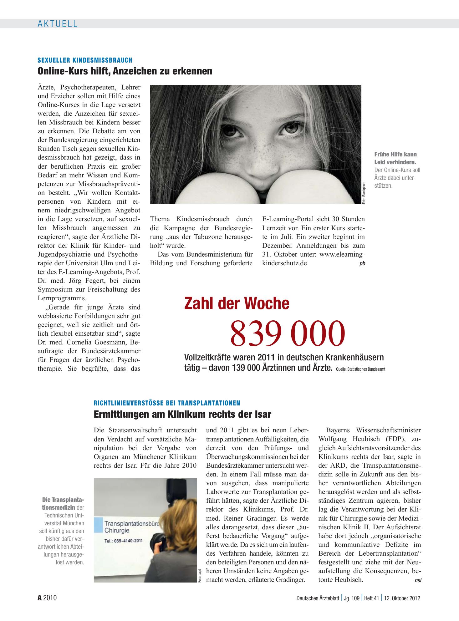 Vorschauseite 1: Zahl der Woche 839 000 – Deutsches Ärzteblatt