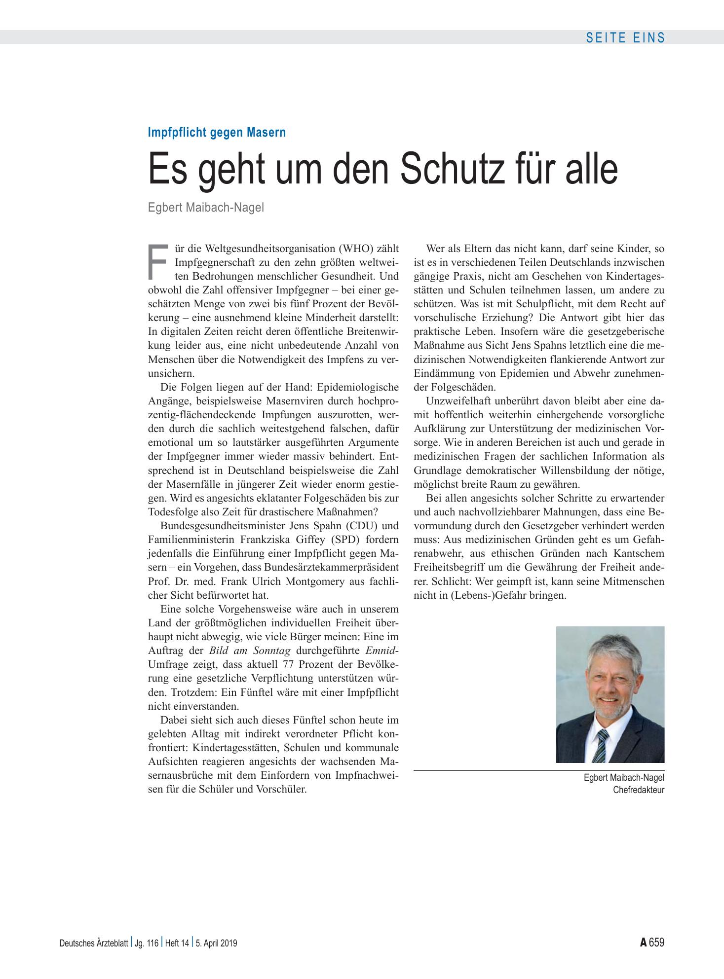Vorschauseite 1: Impfpflicht gegen Masern: Es geht um den Schutz für alle – Deutsches Ärzteblatt