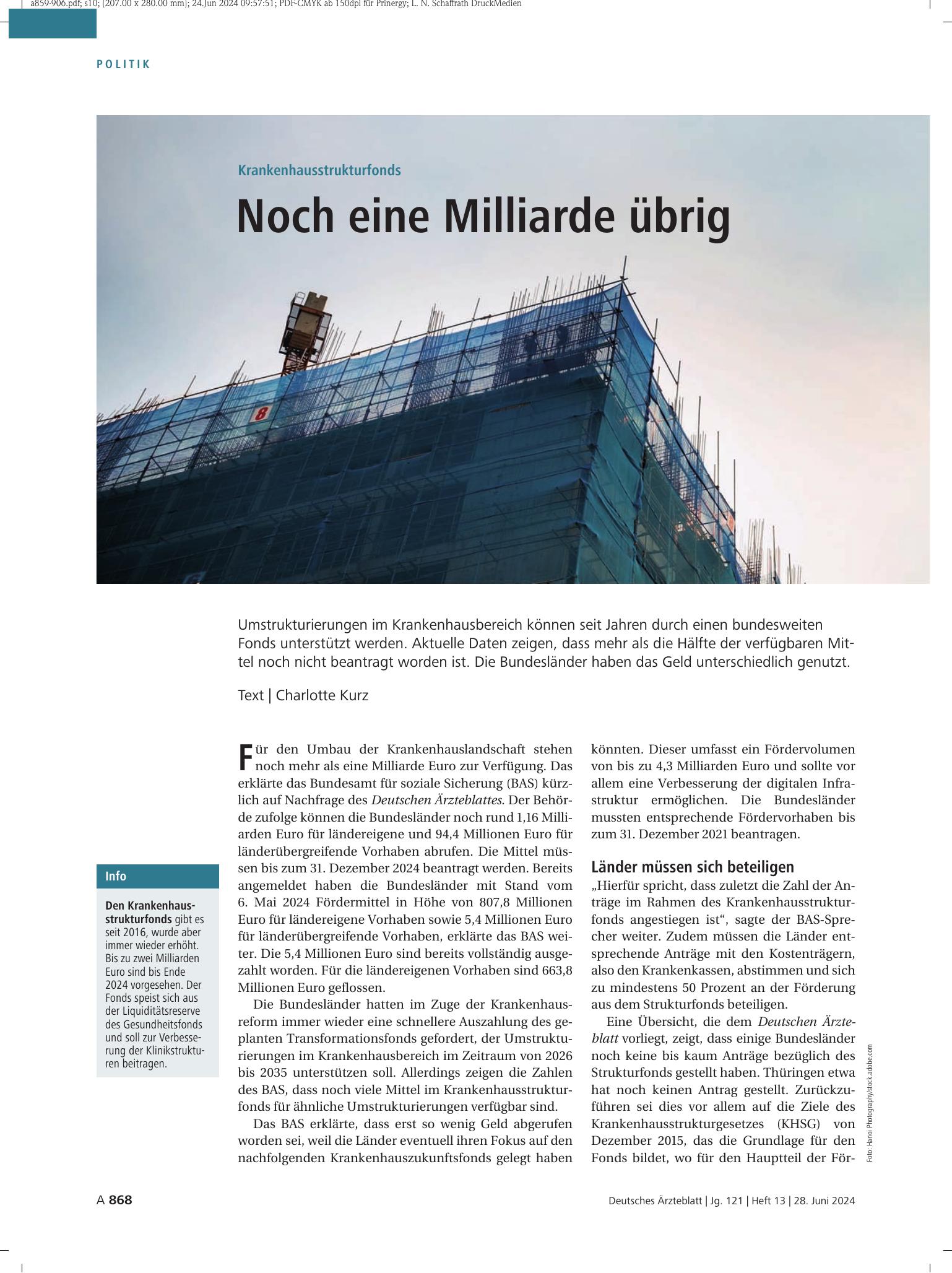 Vorschauseite 1: Krankenhausstrukturfonds: Noch eine Milliarde übrig – Deutsches Ärzteblatt
