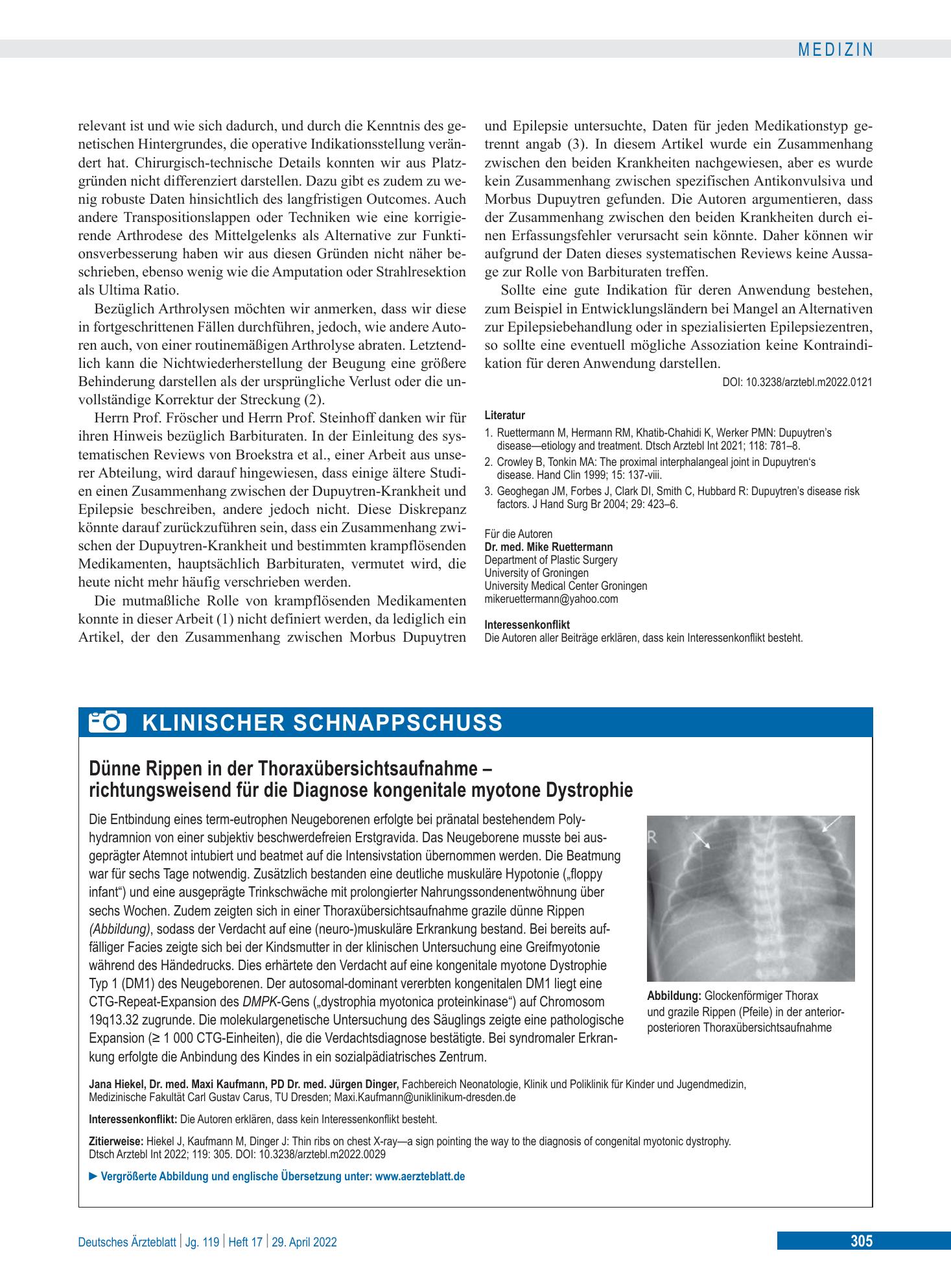Vorschauseite 1: Dünne Rippen in der Thoraxübersichtsaufnahme – richtungsweisend für die Diagnose kongenitale myotone Dystrophie – Deutsches Ärzteblatt