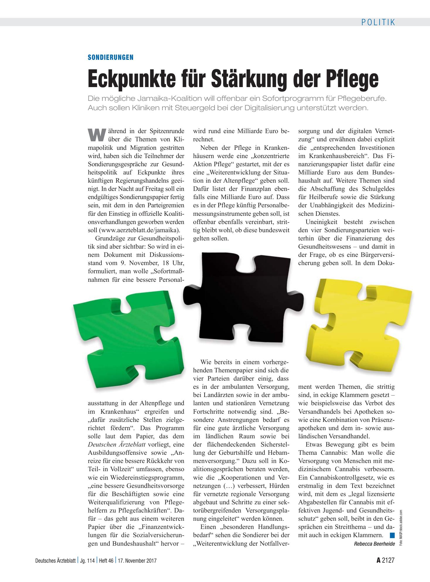 Vorschauseite 1: Sondierungen: Eckpunkte für Stärkung der Pflege – Deutsches Ärzteblatt