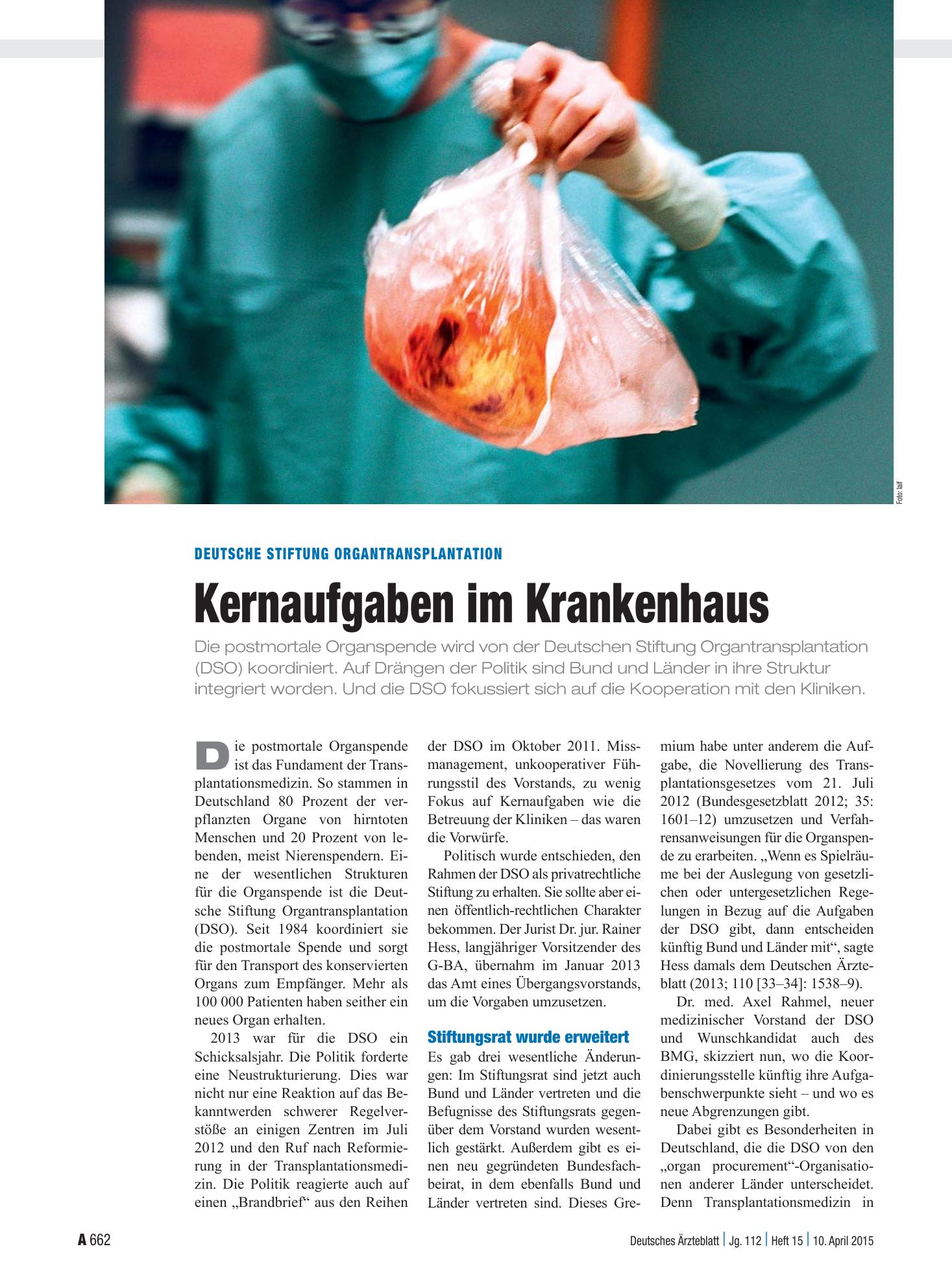 Vorschauseite 1: Deutsche Stiftung Organtransplantation: Kernaufgaben im Krankenhaus – Deutsches Ärzteblatt