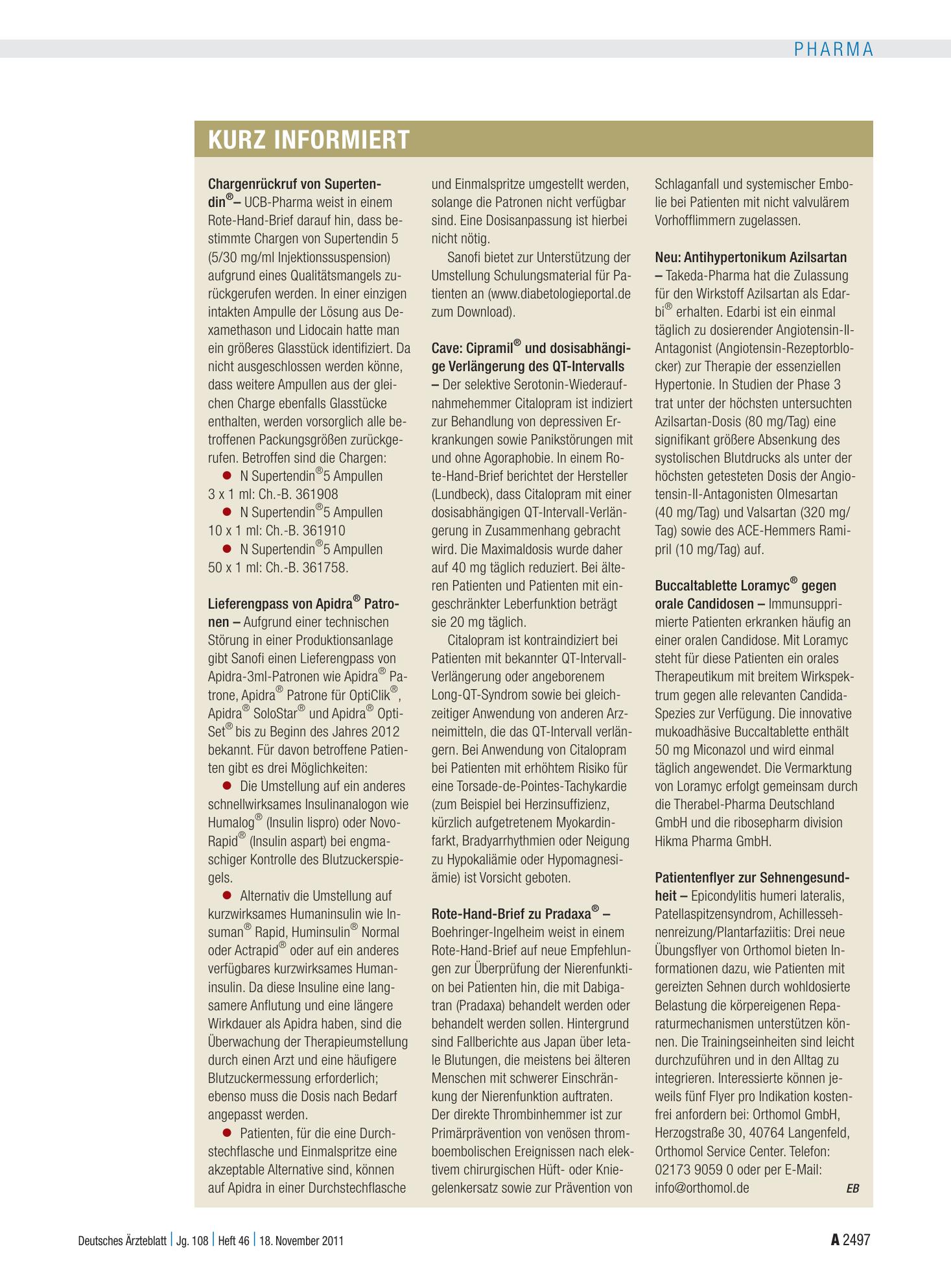 Vorschauseite 1: Kurz informiert – Deutsches Ärzteblatt